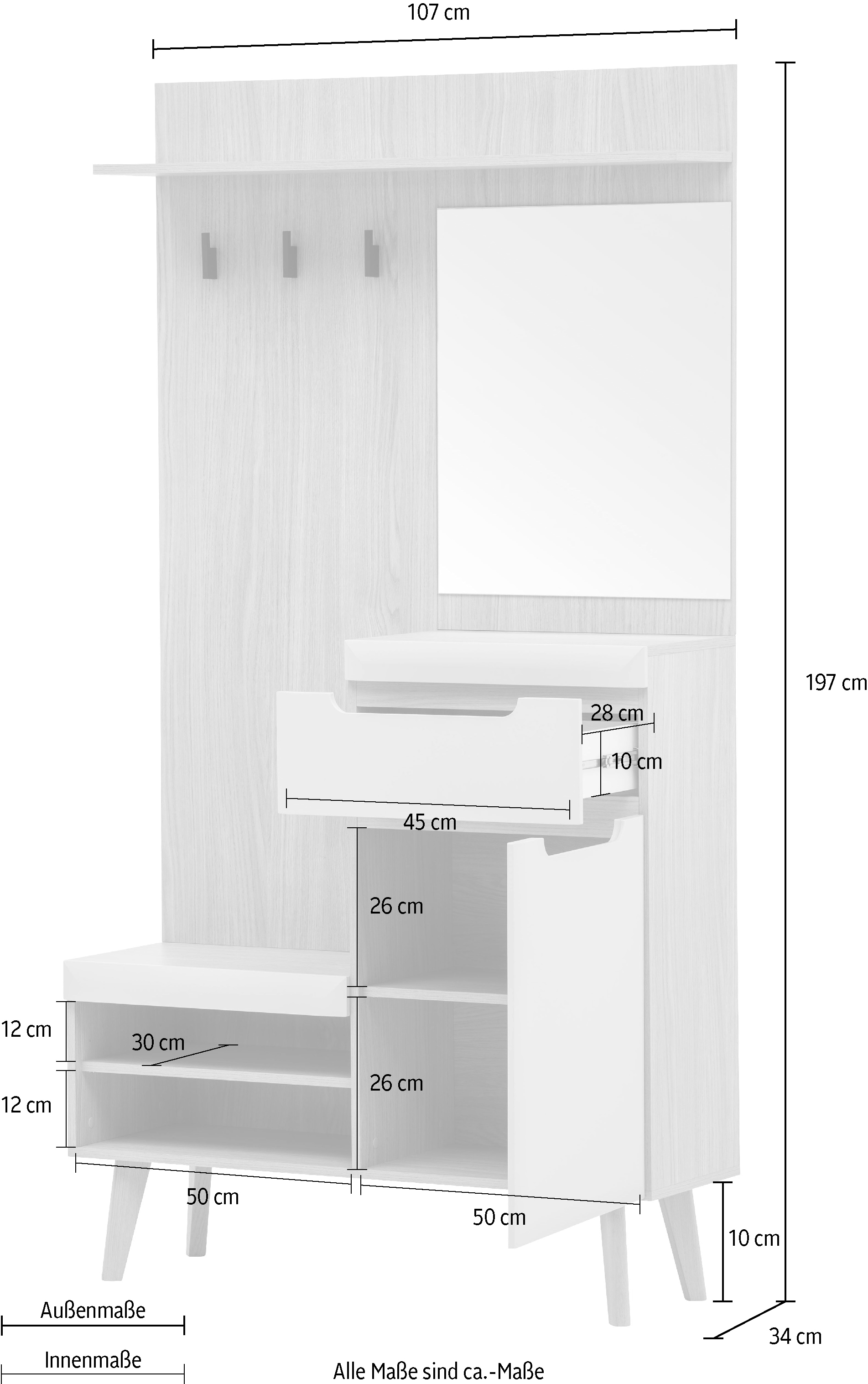 Home affaire Kompaktgarderobe »Torge, Garderobe mit Stauraum, Garderobenschrank im Scandic Design«, in zwei Farben, viel Stauraum, 107 cm breit, für kleine Räume geeignet