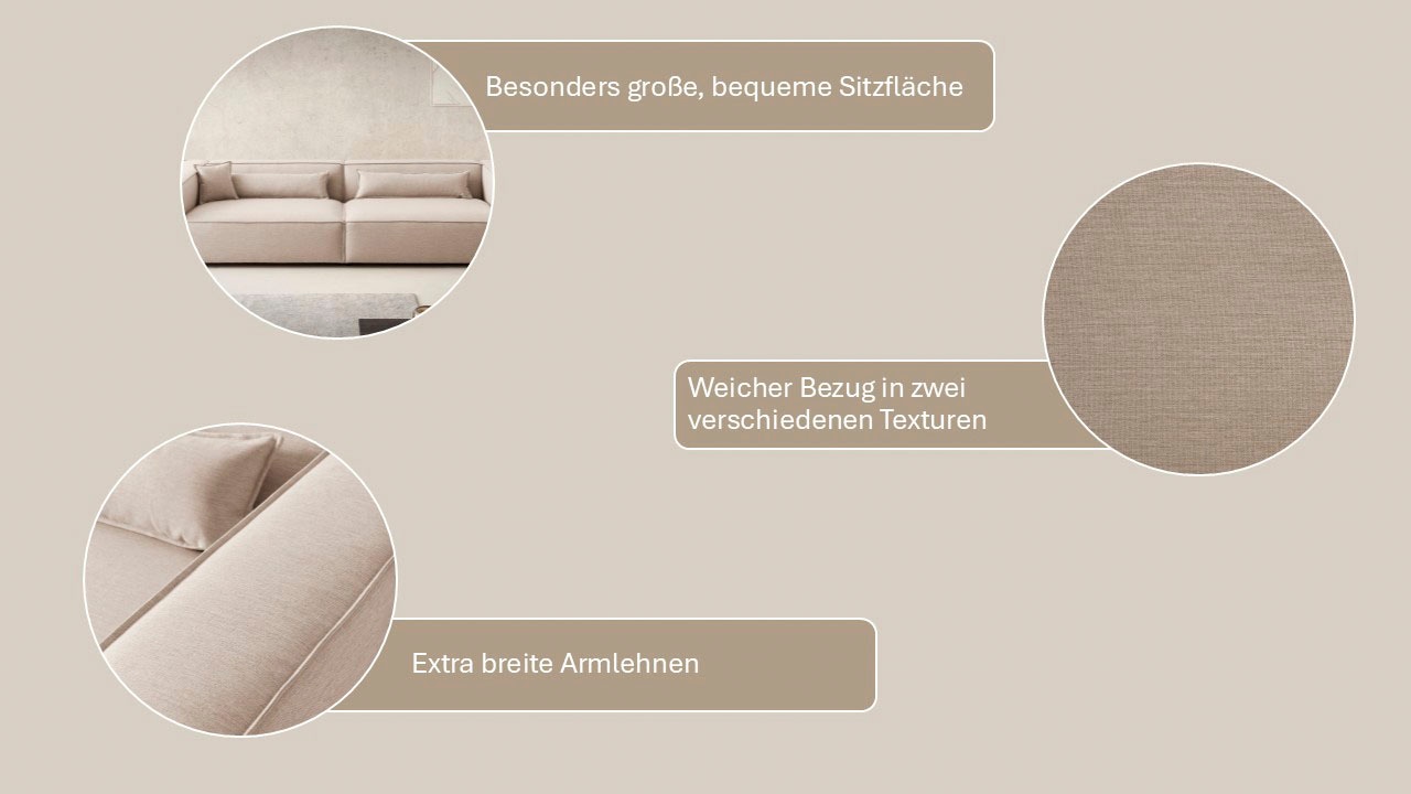 LeGer Home by Lena Gercke 3-Sitzer »PIARA XXL, Sofa mit Kedernaht in Cord, Leinenoptik o. Strukturstoff« schwarze Füße, bequemer Sitzkomfort, extra tiefe Sitzfläche