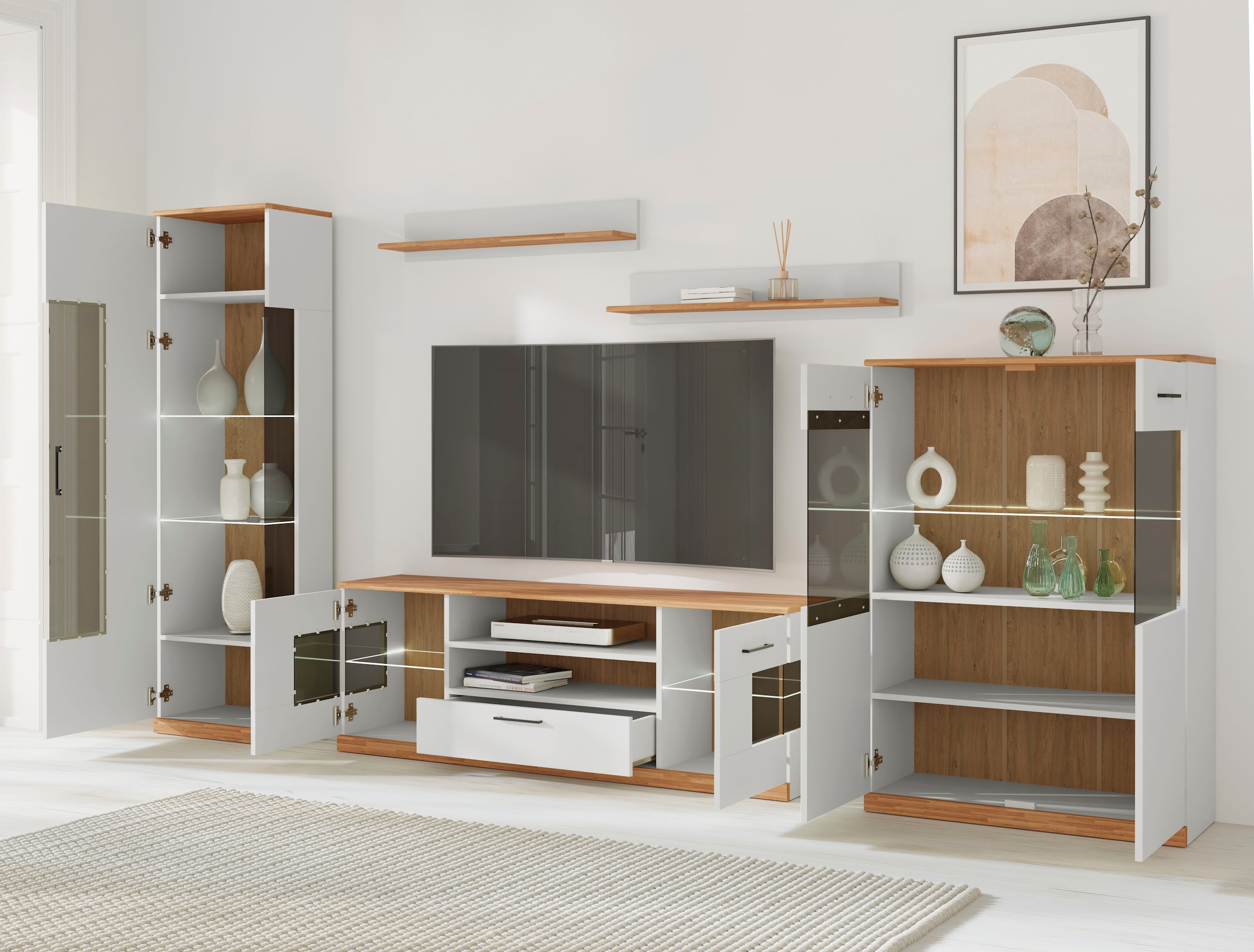 OTTO home Wohnwand »Ribe: 5teilig, Breite: 300cm,Fronten aus Massivholz,Korpus aus Melamin« 5 Stk. tlg.
