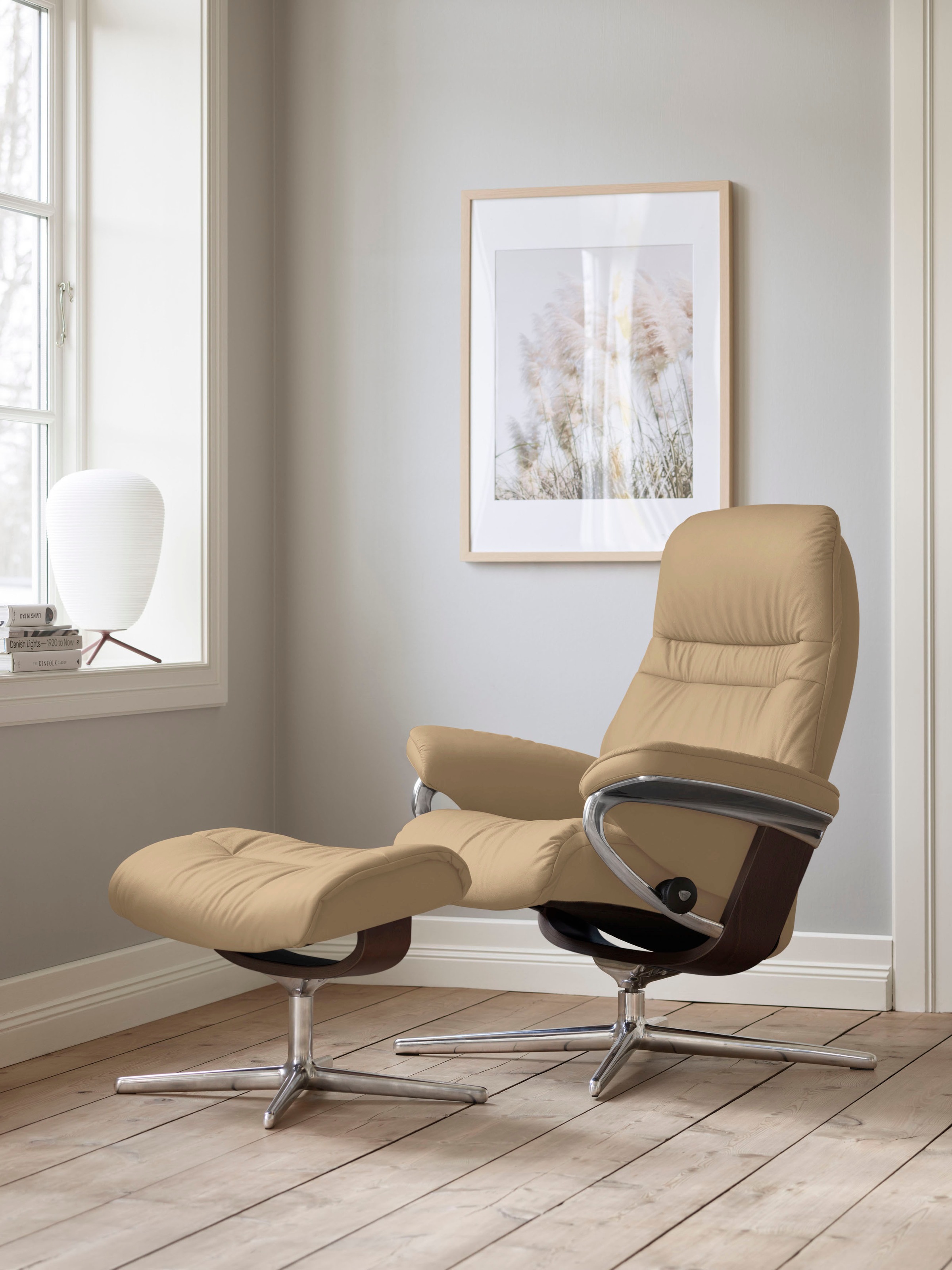 Stressless® Relaxsessel »Sunrise« Set, Relaxsessel mit Hocker,  mit Hocker, mit Cross Base, Größe S, M & L, Holzakzent Braun