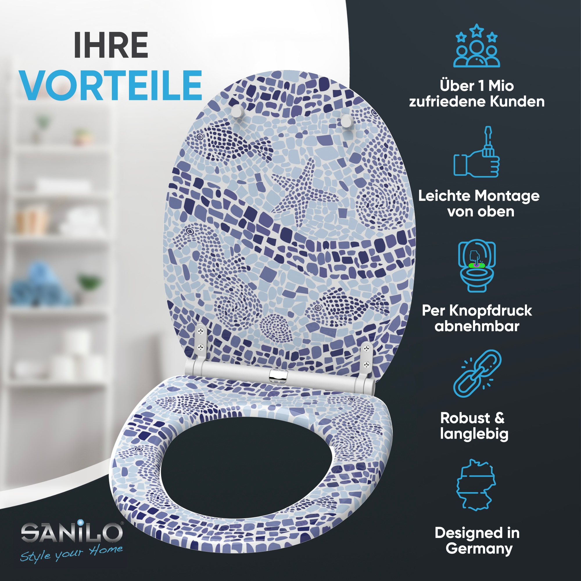 Sanilo WC-Sitz »Mosaic World mit Absenkautomatik & Quick Release« Premium Toilettendeckel, abnehmbar, leichte Montage von oben