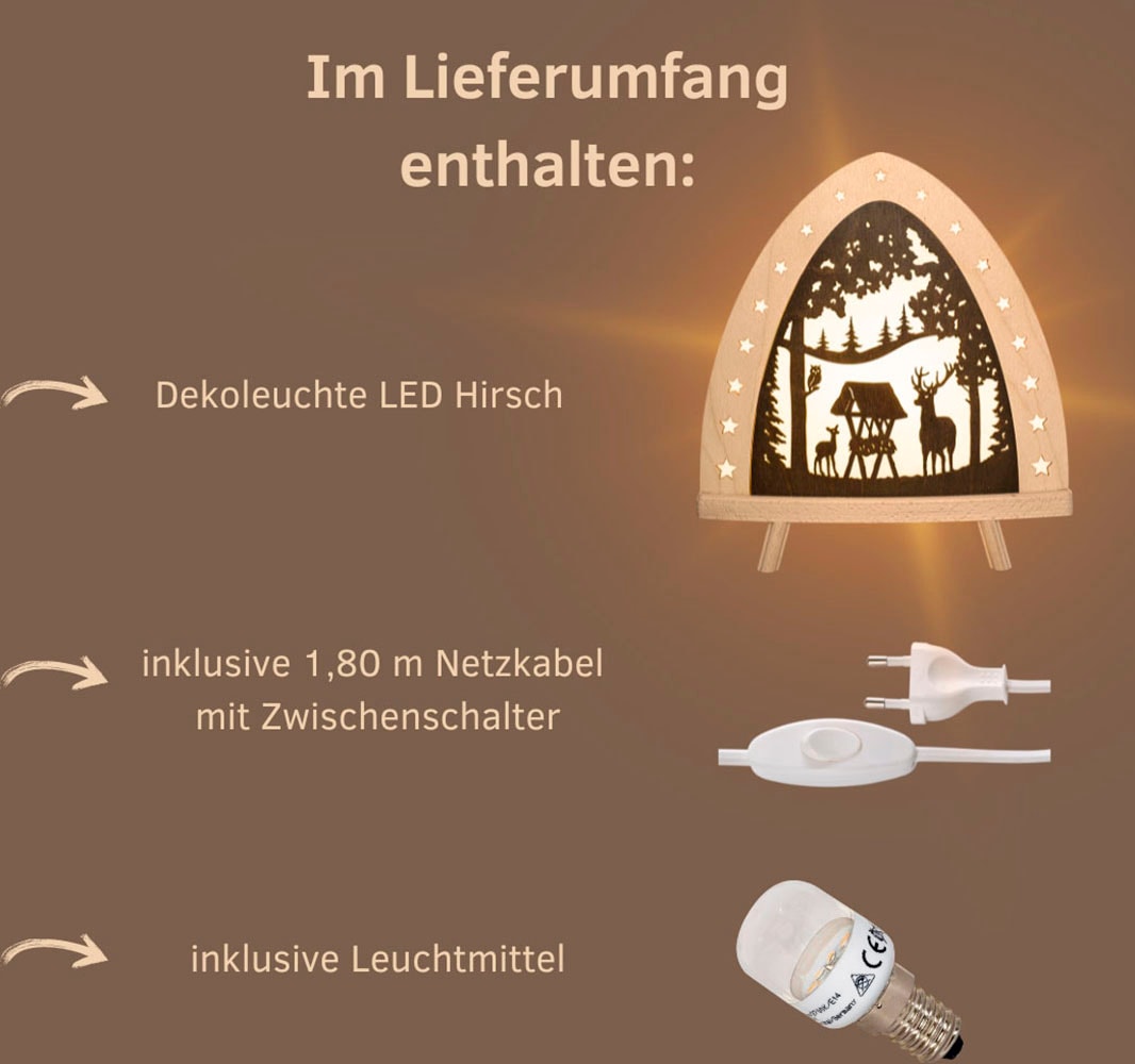 Weigla Lichterbogen »LED Hirsch, Holz Dekolampe, Winterdeko, NATUR-BRAUN, Made in Germany« 1 Stk. Erzgebirge garantiert, Weihnachtsdeko Innen, Weihnachtsbeleuchtung