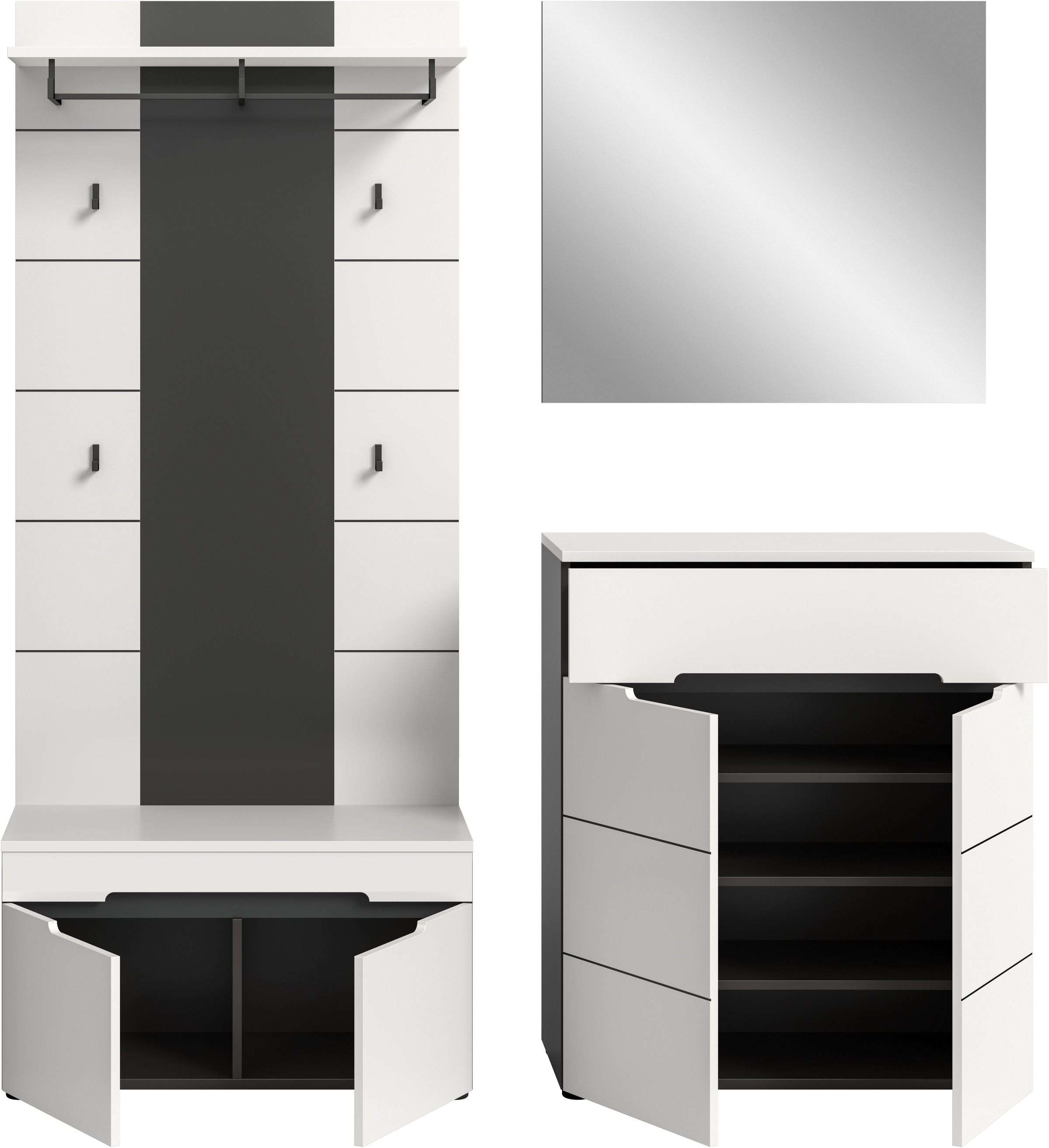 Home affaire Garderoben-Set »REHAT, TOPSELLER!, 4-teilig, Breite 175 cm, individuell erweiterbar« Set, bestehend aus: Sitzbank, Paneel, Spiegel und Kommode, 4 Stk. tlg.