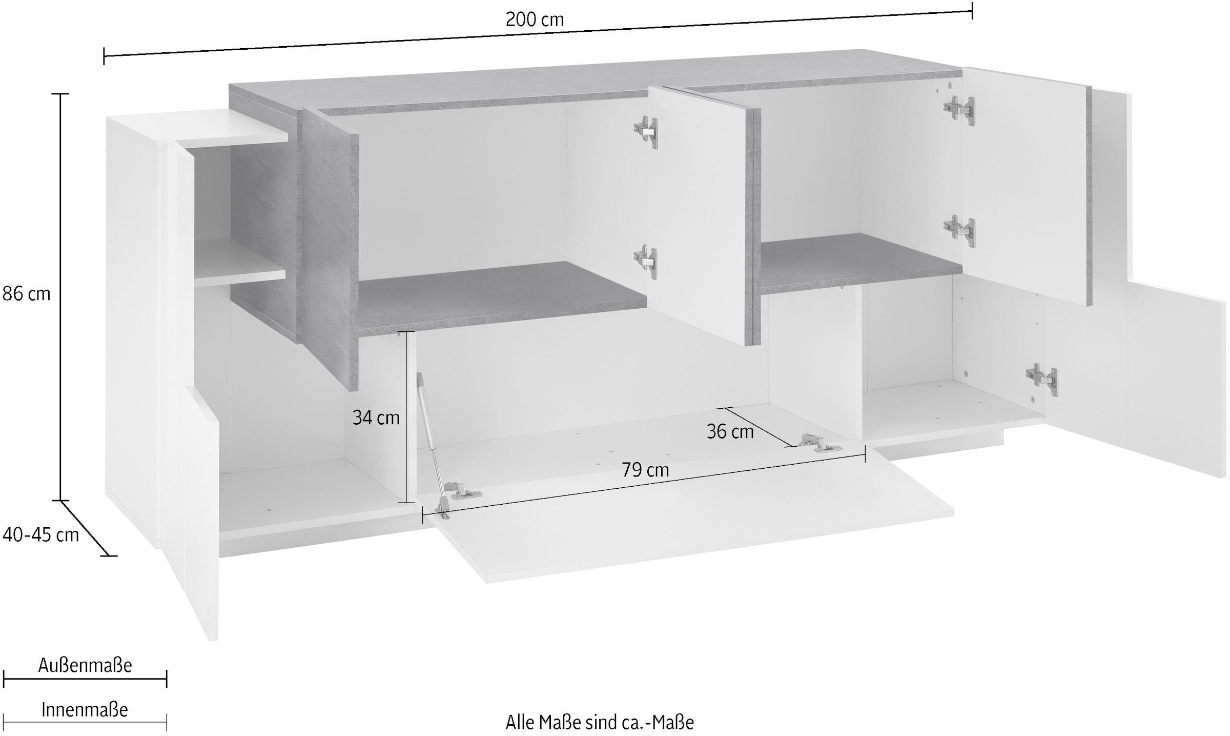 INOSIGN Sideboard »Coro, Kommode, Schrank, Kredenz, grifflos mit Einlegeböden«, 1 Klappe, 6 Türen, Doppeltiefe, B/T/H 200x86x45cm