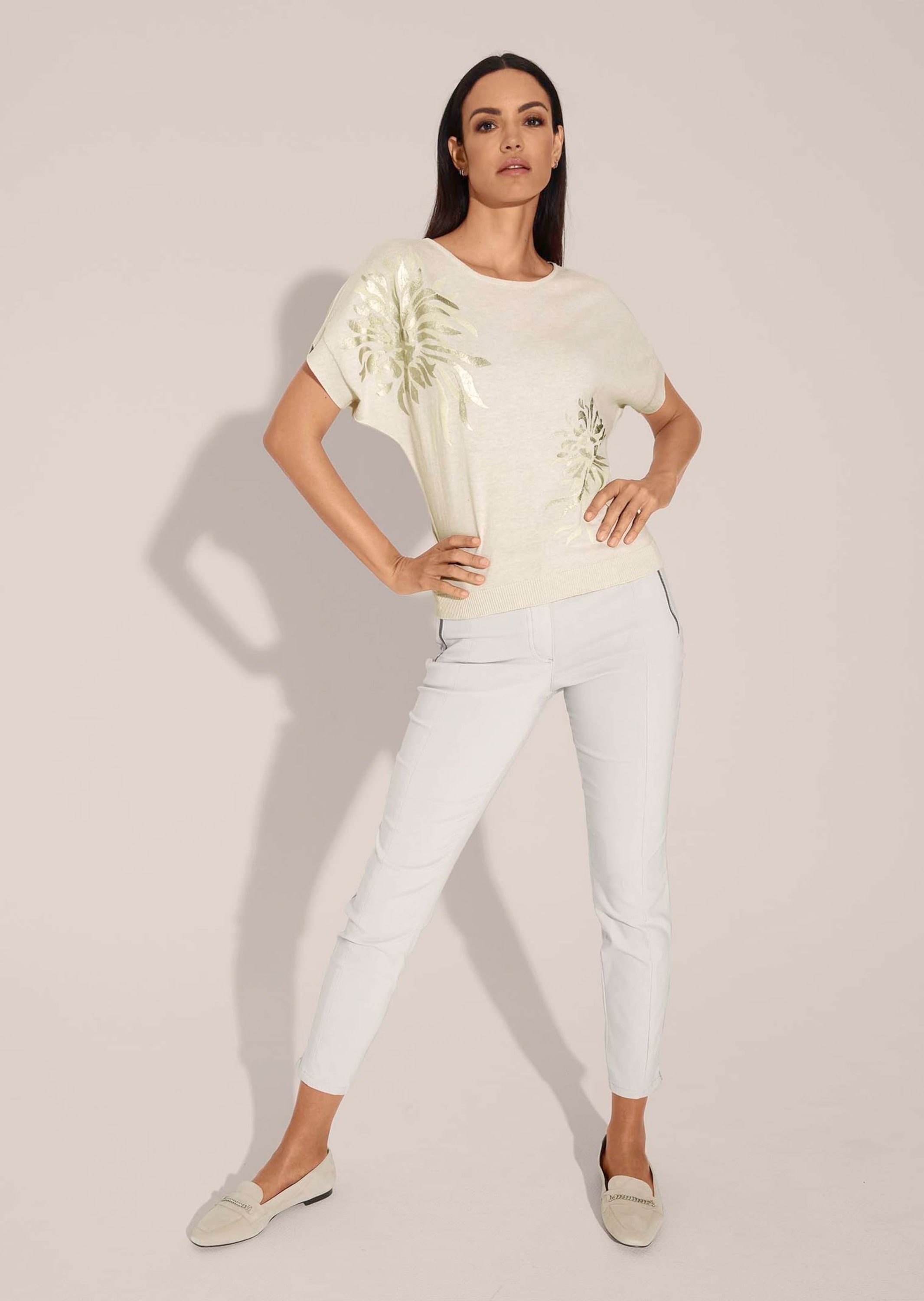 MADELEINE Longpullover »Pullover Kurzarm Strickshirt mit Folien-Print«