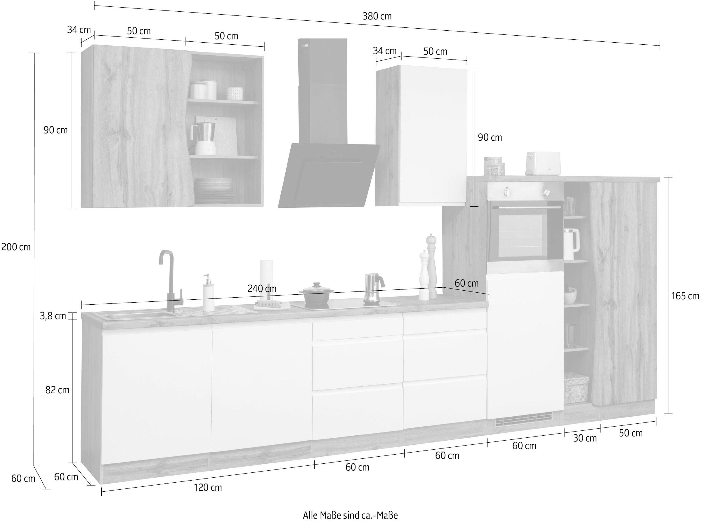 KOCHSTATION Küchenzeile »KS-Bruneck«, 380 cm breit, Ceran-oder Induktionskochfeld, hochwertige MDF-Fronten