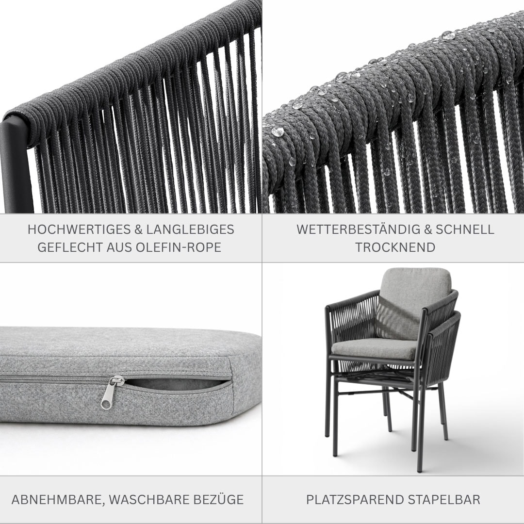Destiny Garten-Essgruppe »LUCCA BARLETTA 2 Se + Tisch Ø 110x75cm, anthrazit« Set, 10 Stk. tlg. Aluminium, Olefin-Rope, HPL