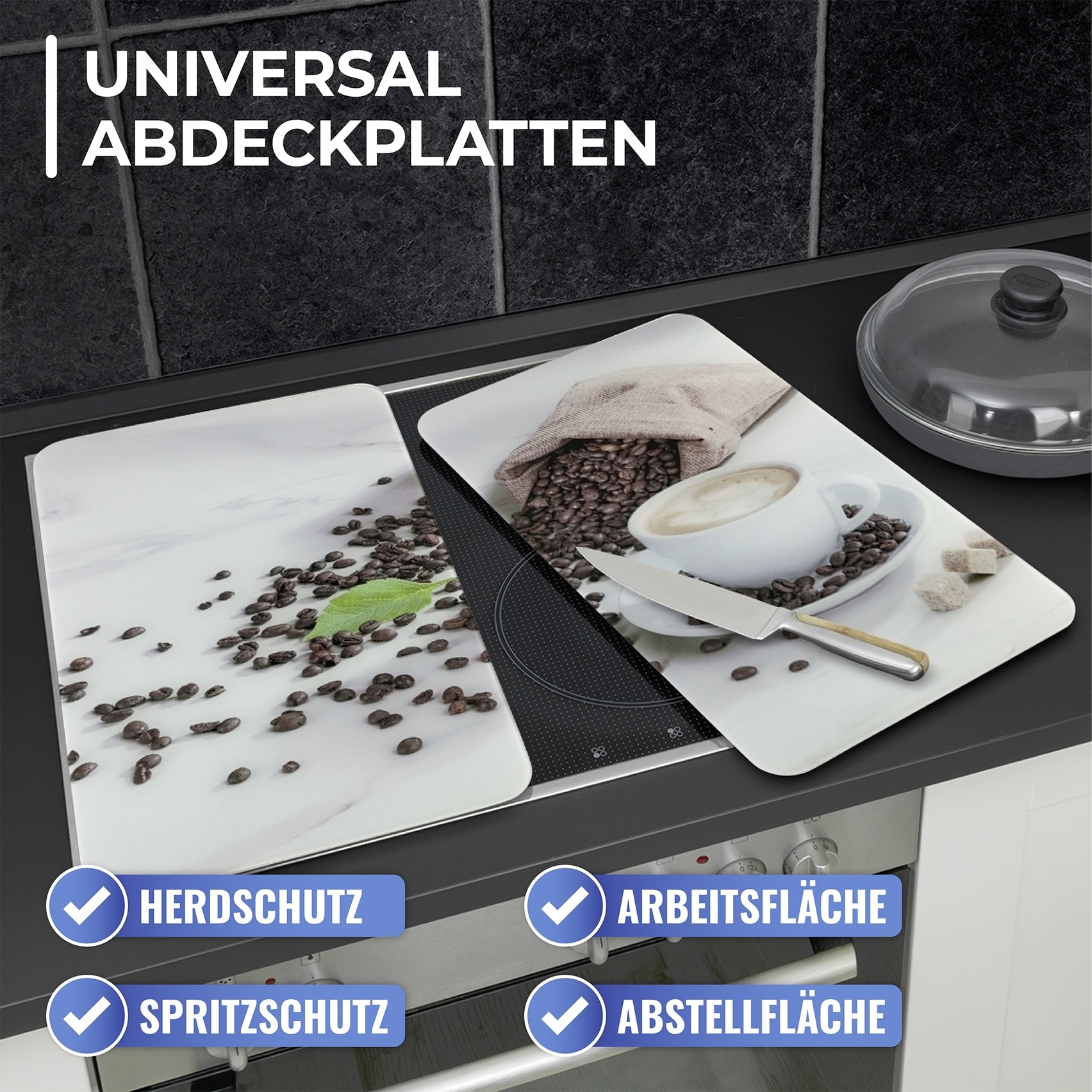 Maximex Herd-Abdeckplatte »Universal Modell CAFÉ AROMATICA«, (Set, 2 tlg.), für Induktions-, Glaskeramik-, Elektro- und Gasherde, höhenverstellbar