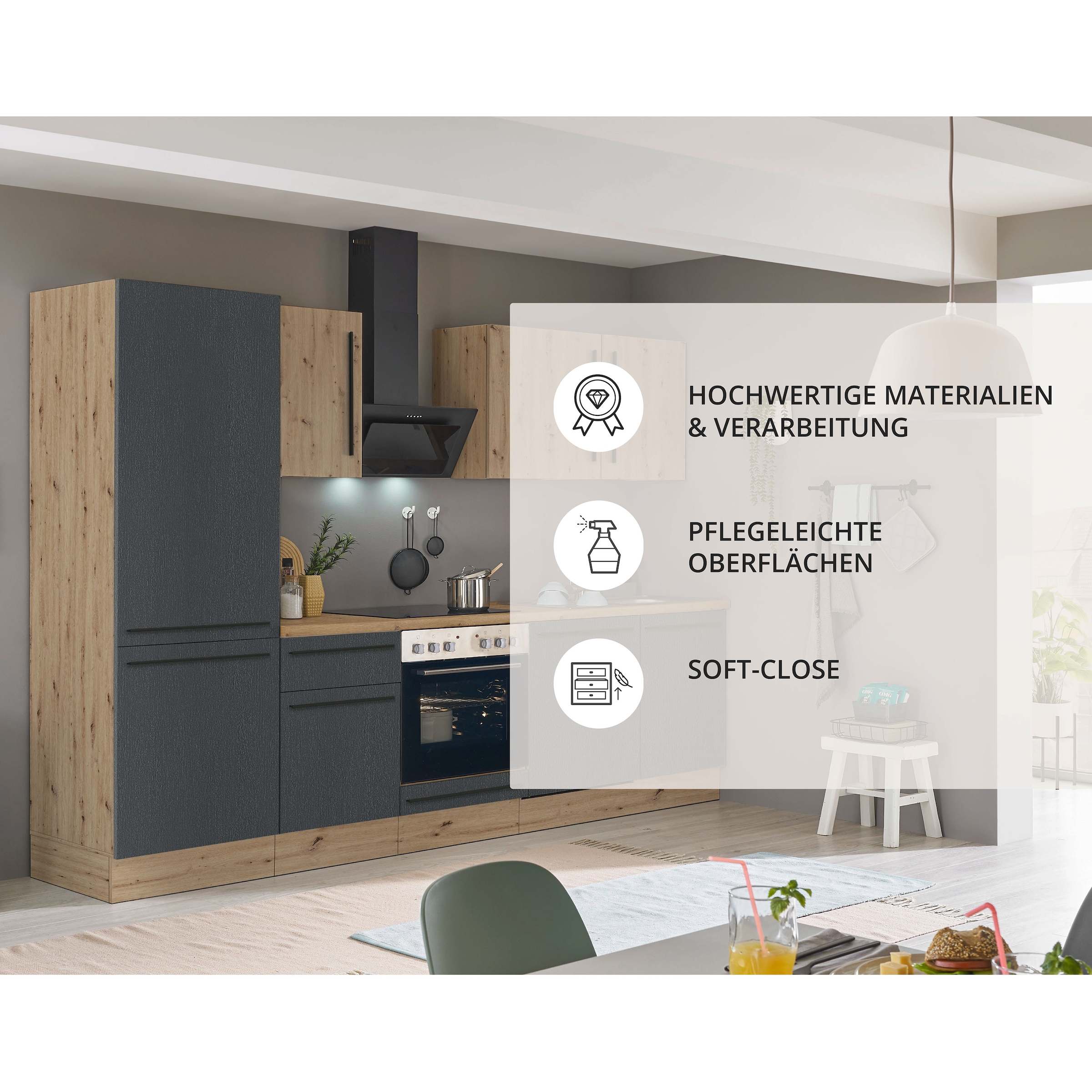KOCHSTATION Küchenzeile »KS-Florida mit 38mm starker Arbeitsplatte«, Breite 280 cm, wahlweise mit E-Geräten, Soft-Close-Funktion