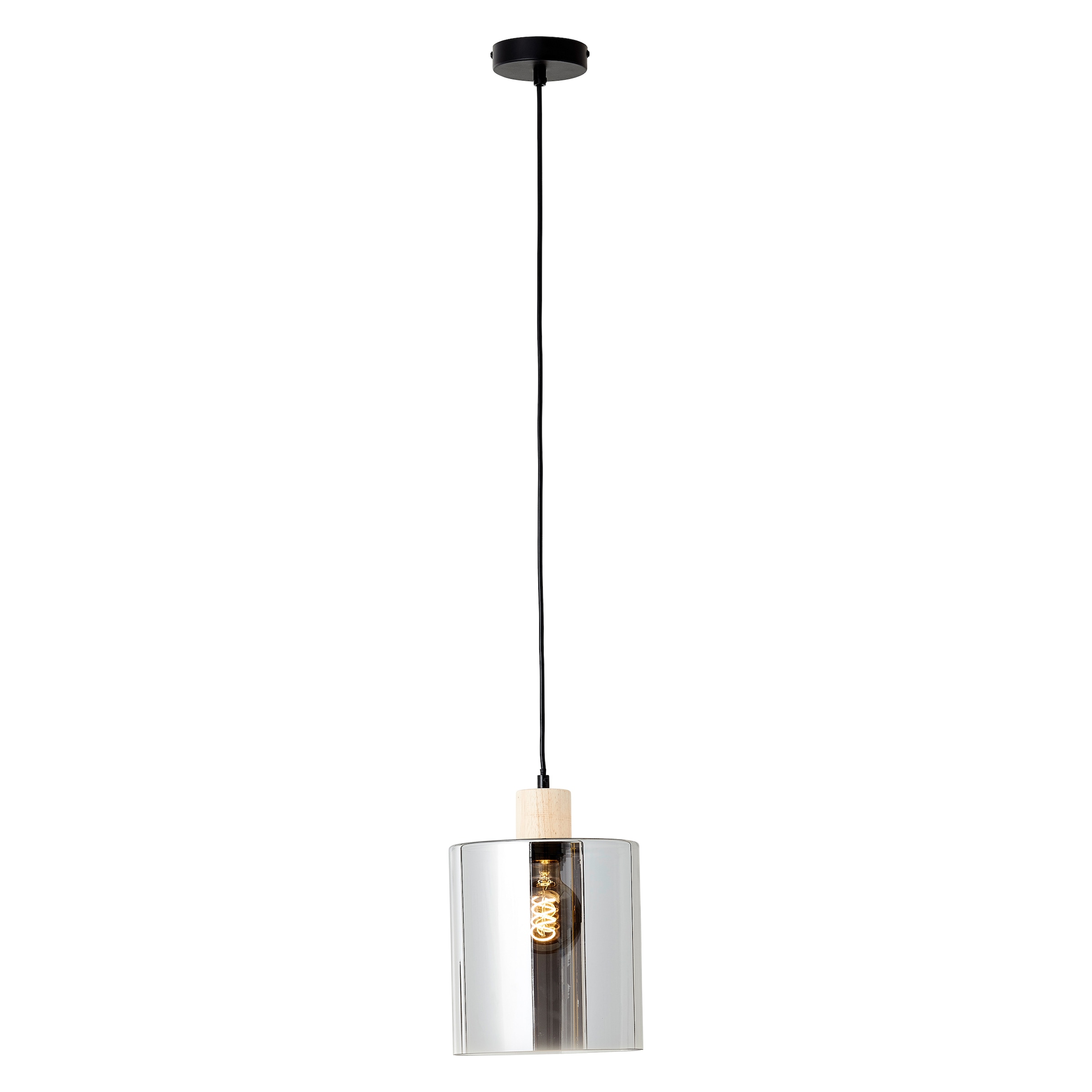 Brilliant Pendelleuchte »Weald«, 1 flammig, Leuchtmittel E27 | ohne Leuchtmittel, Höhe 120 cm, Ø 20 cm, E27, kürzbar, Glas/Holz, schwarz/rauch/holz