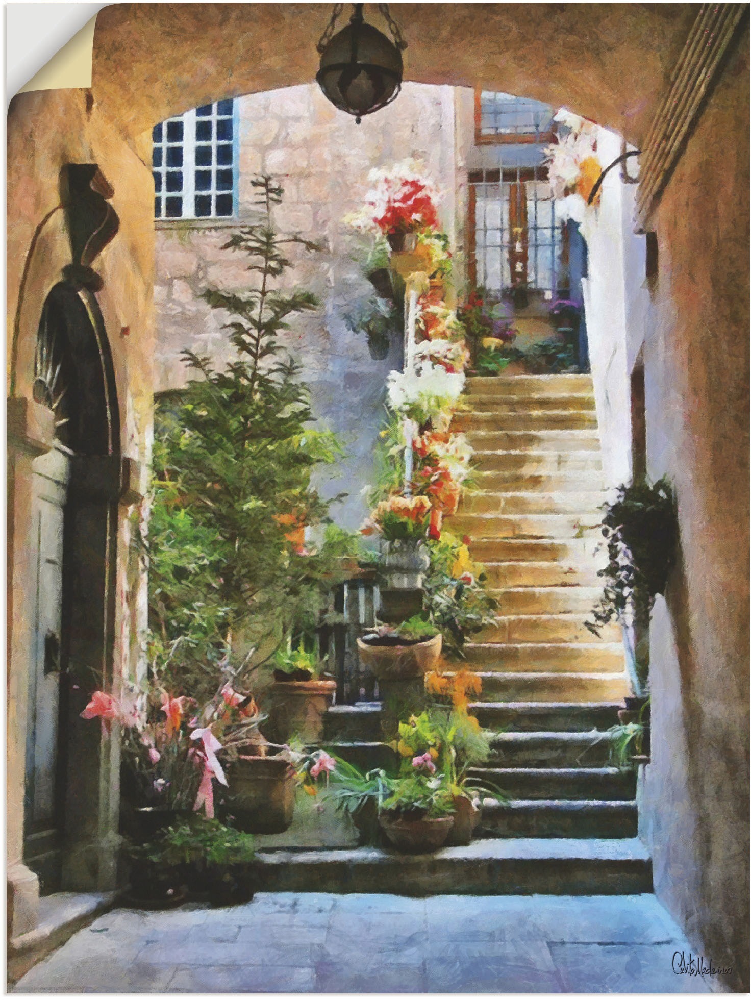 der als Größen Poster Architektur, auf oder St.), in Raten Artland Wandbild mit »Treppe kaufen versch. Alubild, Leinwandbild, (1 Wandaufkleber Elemente Blumen«,