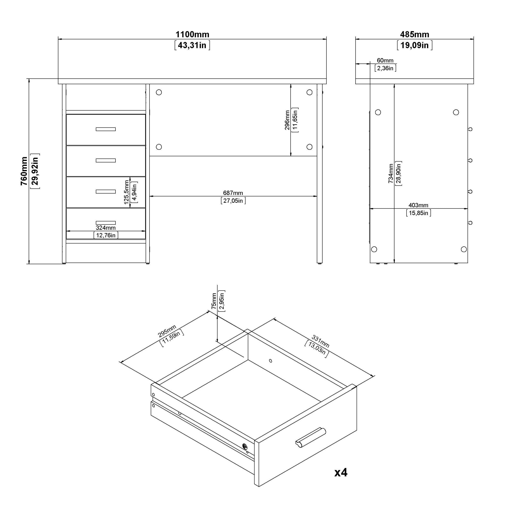 INOSIGN Schreibtisch »Funktion Plus, Arbeitstisch, Bürotisch«, Computertisch mit 4 Schubladen und 1 offenen Fach, Breite 110 cm