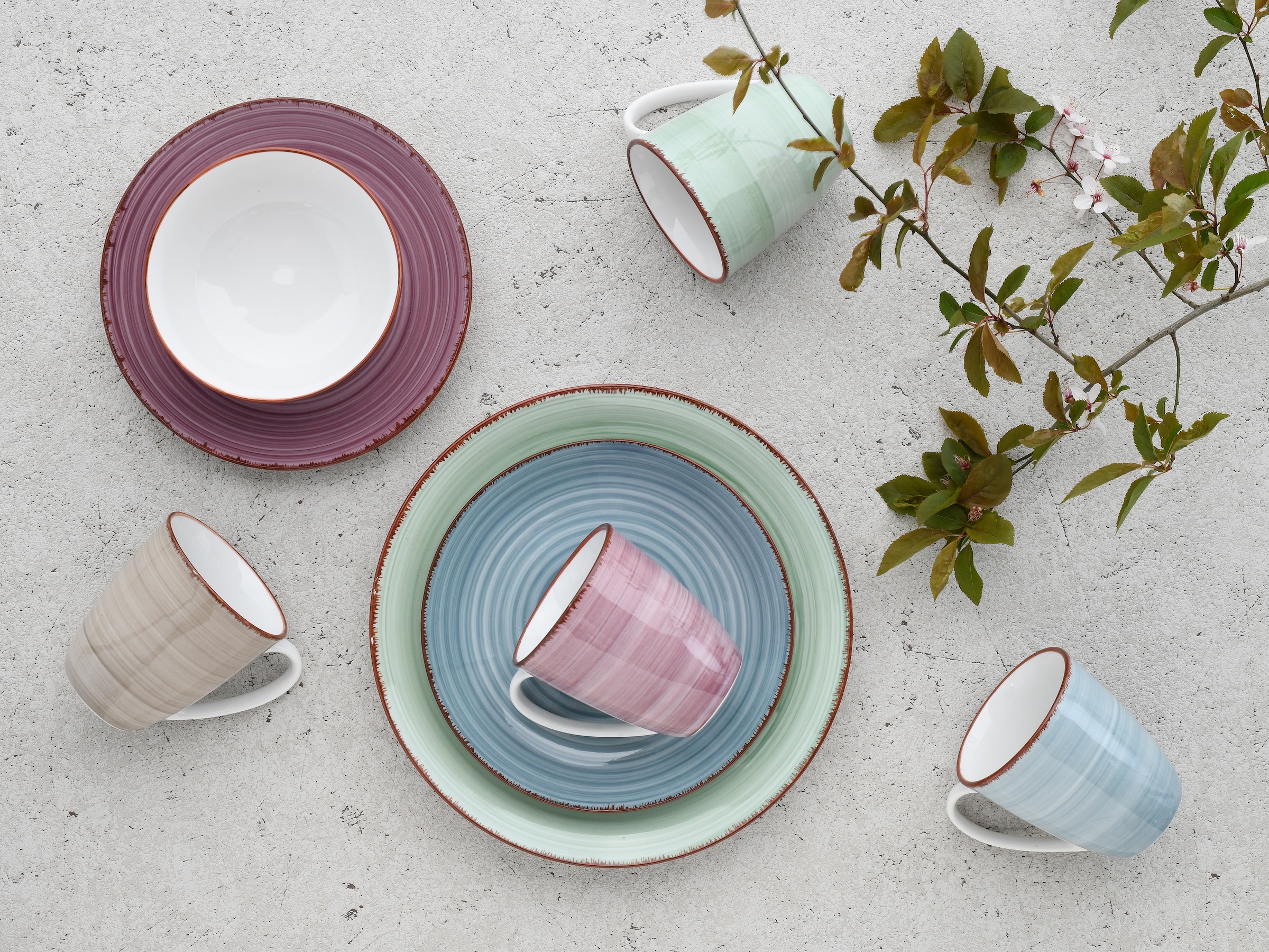 CreaTable Teller-Set »Samba Bunt, Tellerset 12 tlg« Handgemalter Spiraldekor