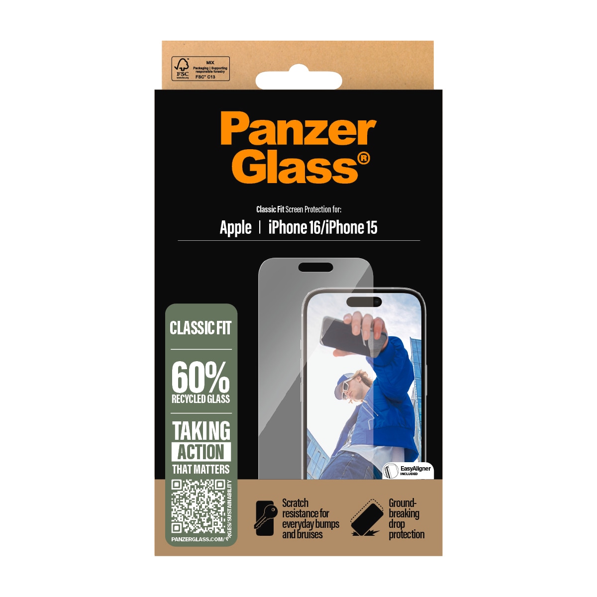 PanzerGlass Displayschutzglas »Classic Fit Screen Protection«, für Apple iPhone 16, Displayschutzfolie, Schutzfolie, Bildschirmschutz, kratz- & stoßfest