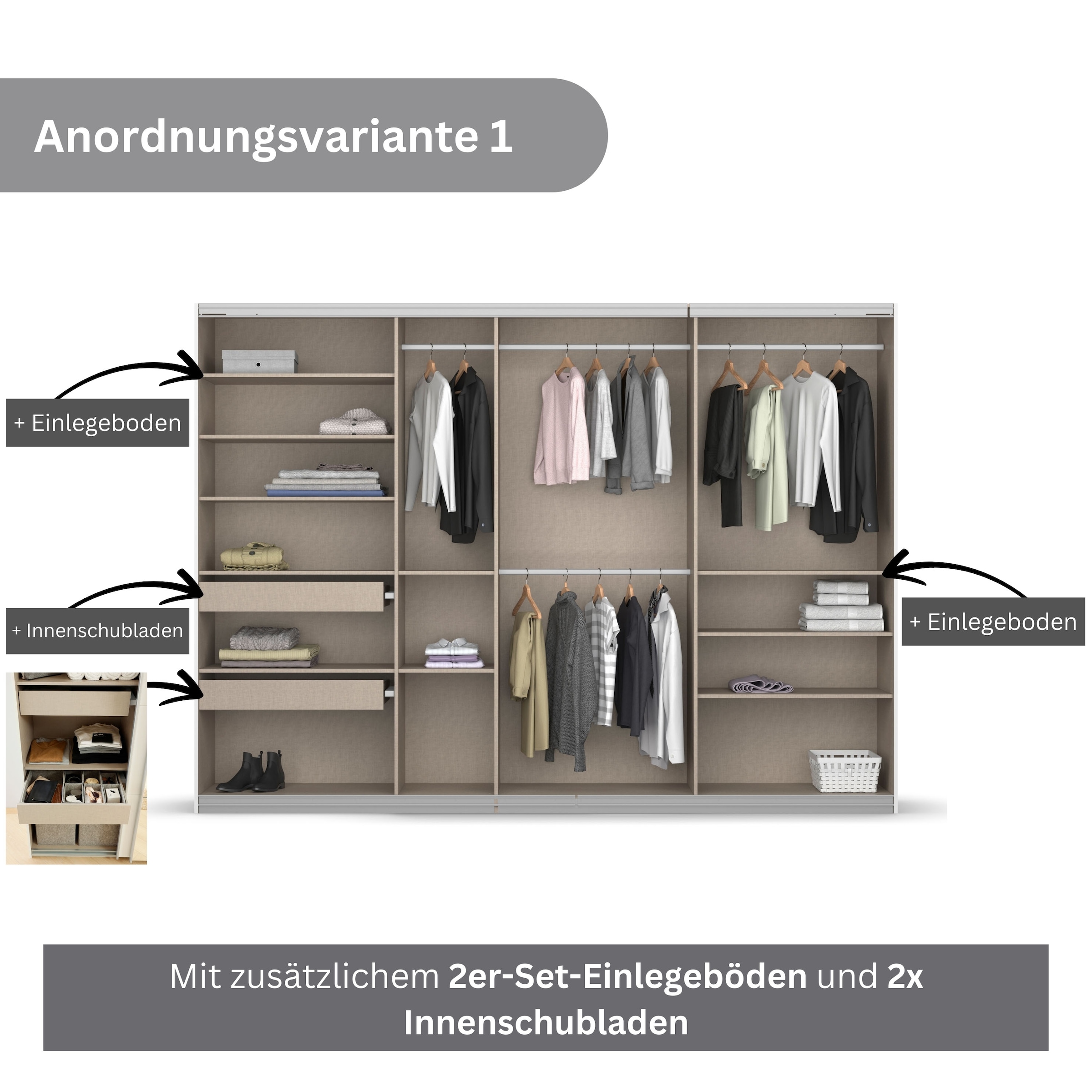 rauch Schwebetürenschrank »Kleiderschrank Schrank Garderobe KOLUNA mit Dekor-Front«, inkl. 2 Innenschubladen sowie extra Einlegeböden MADE IN GERMANY