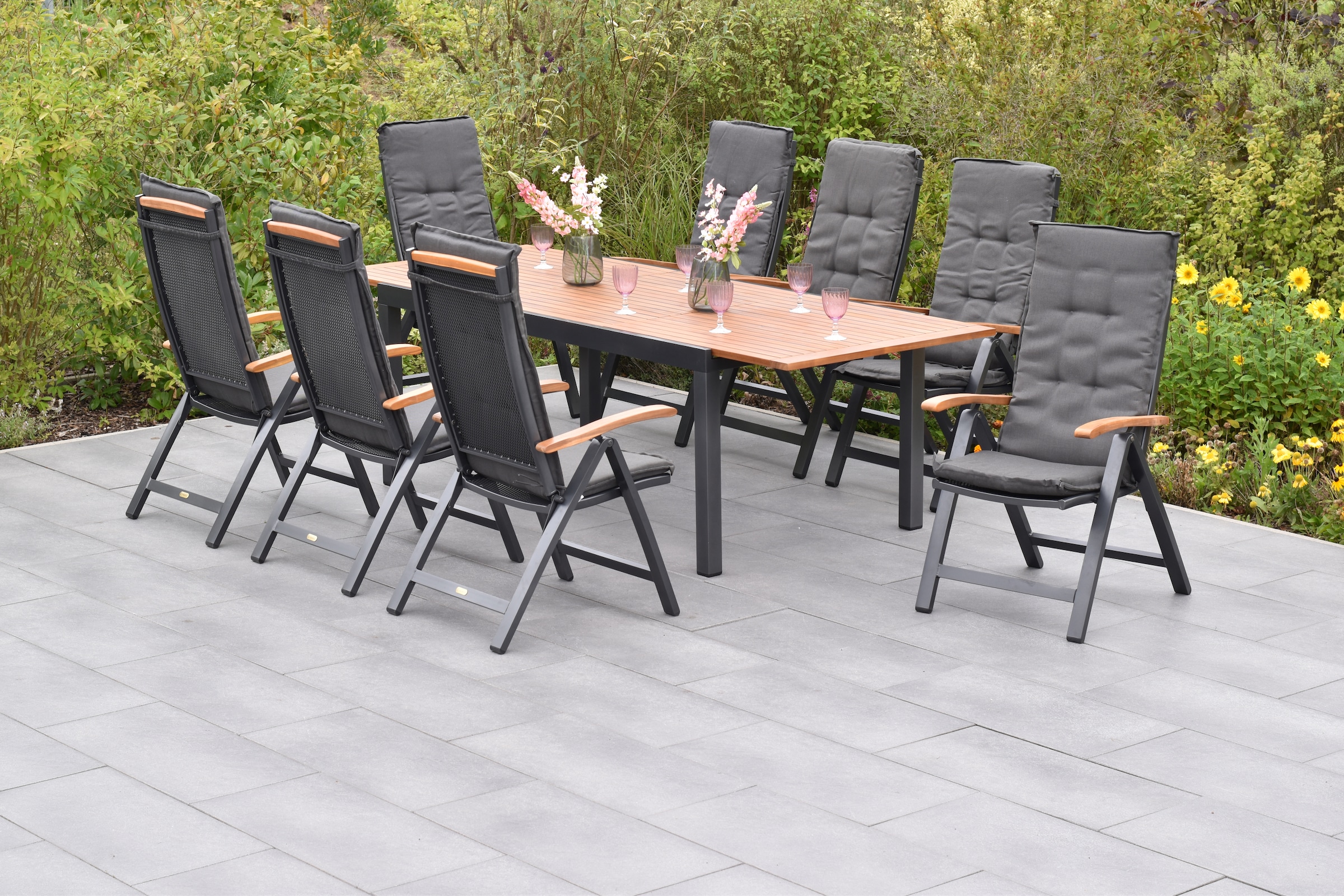 MERXX Garten-Essgruppe »»Tilos««, (Set, 17 tlg., Inkl. Auflagen, 5-fach verstellbare Rückenlehne), Ausziehtisch: LxB: 180-250 x 100 cm