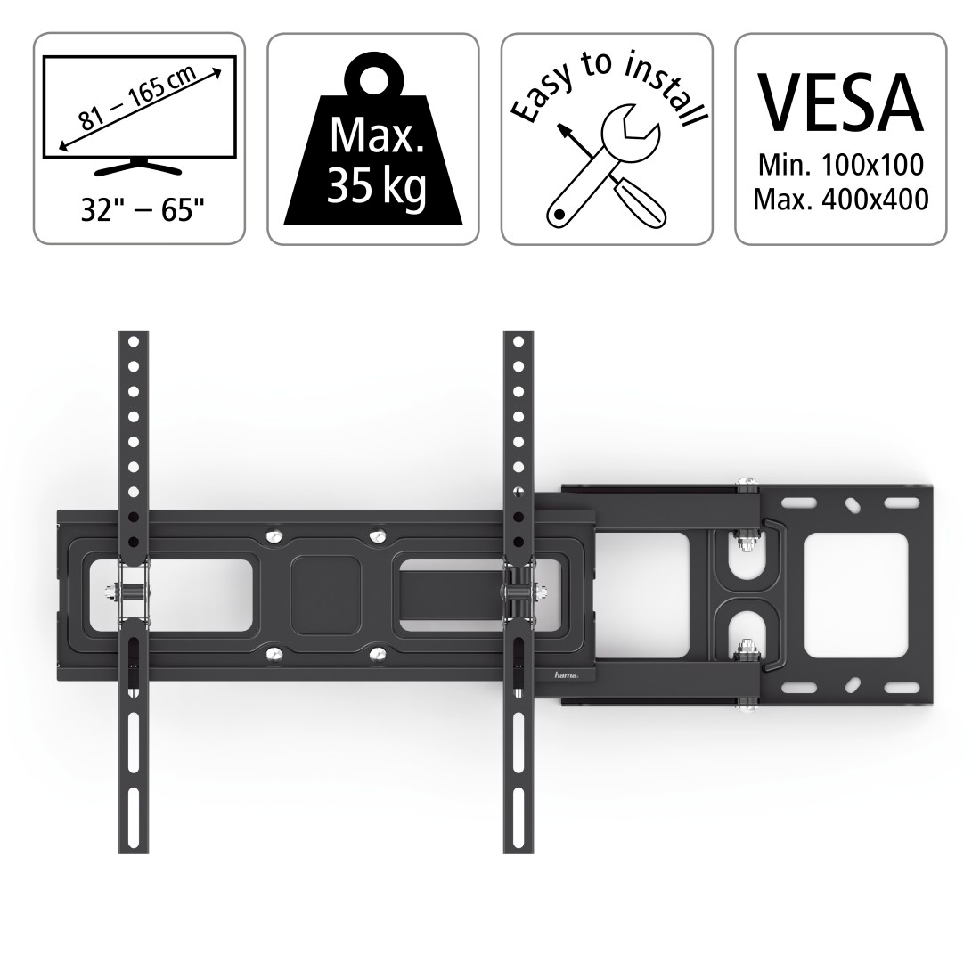 Hama TV-Wandhalterung »Wand Halterung universal für Fernseher, 32 43 50 55 65 Zoll, bis 35 kg« bis 165 cm Zoll ausziehbar, schwenkbar, neigbar, einfache Montage, TV Halter bis 65"