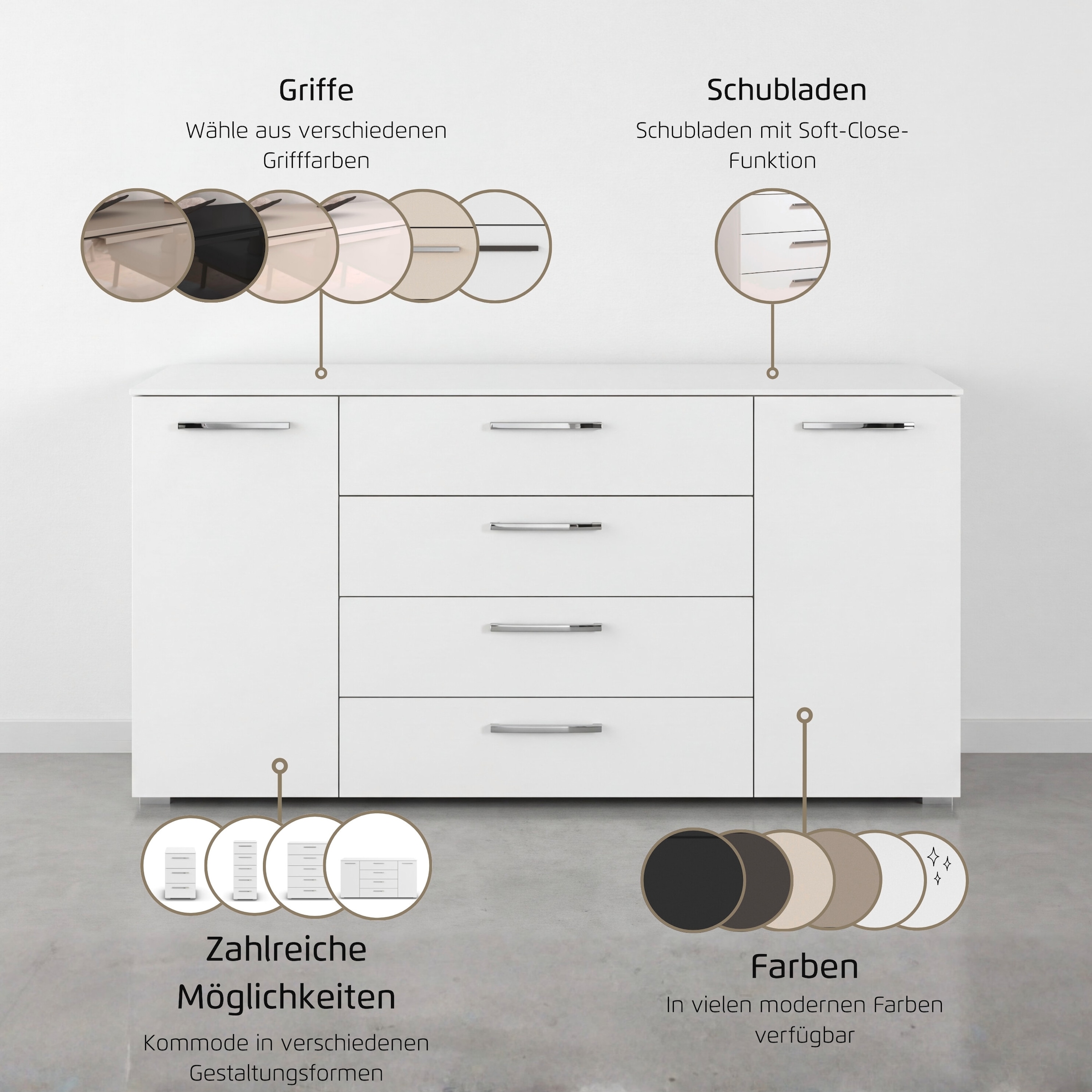 rauch Kombikommode »Sideboard Schubkommode Kommode MONTCLAR Front Dekor/Hochglanz/Glas« Breite 160 / Höhe 81 cm, 2 Einlegeböden, inkl. Soft-Close-Funktion,  2-türig, 4 geräumige Schubladen, viele Griffvarianten MADE IN GERMANY