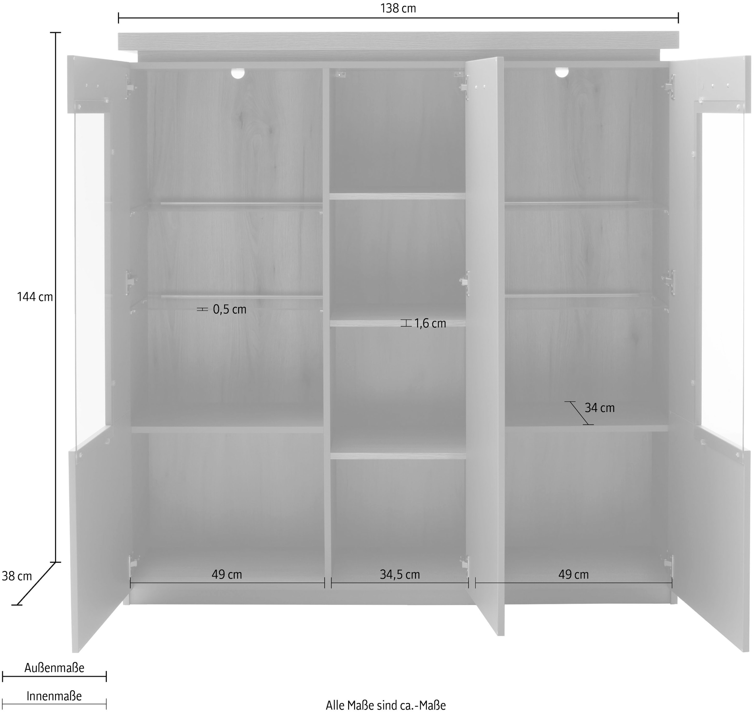 MCA furniture Highboard »MONIZ Highboard«, (1 St.), Hochkommode,Kommode,Eiche,Salbeigrün,3 Türen,gedämpft,Breite 138 cm