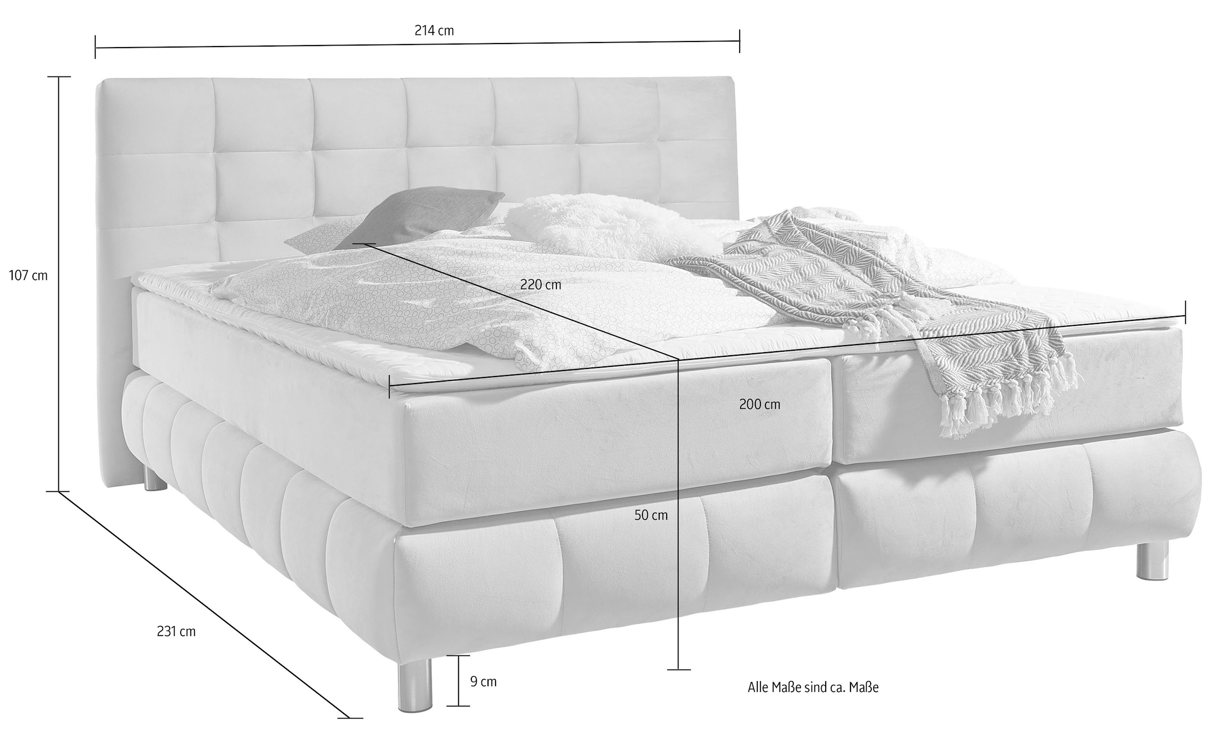 andas Boxspringbett »Salo XXL«, in Samtoptik oder Struktur, 6 Breiten in Überlänge 220cm, 4 Härtegrade