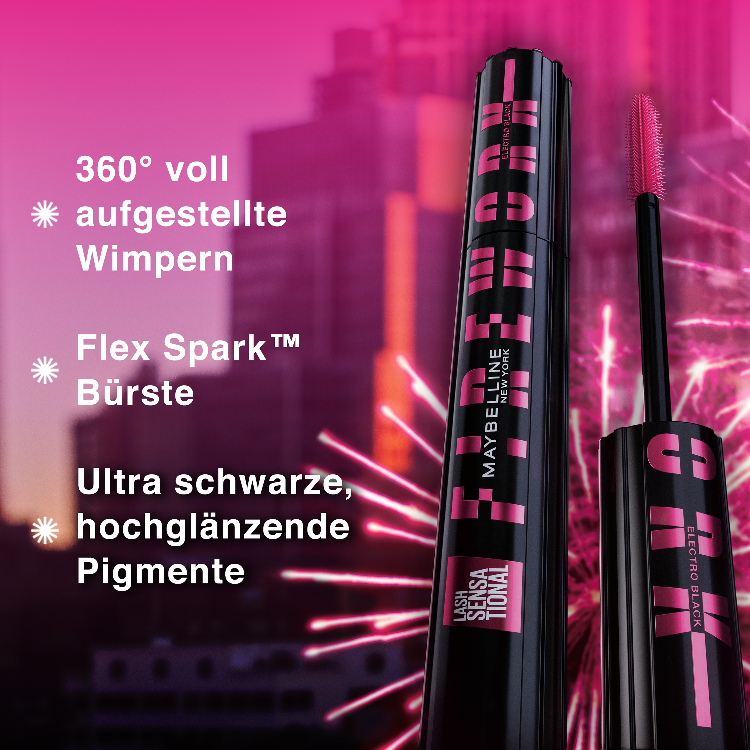 MAYBELLINE NEW YORK Mascara »Maybelline New York Firework Electro Black Mascara«, Glanz und intensives Schwarz, kein Verklumpen, für mehr Volumen.