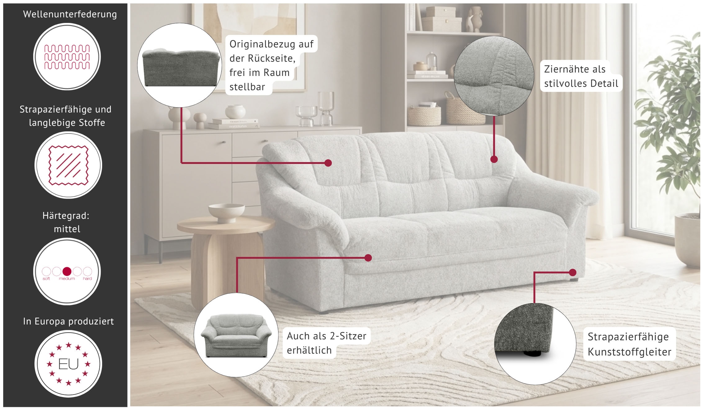 OTTO home 3-Sitzer »Nyborg 184 cm breit, pflegeleicht, formschön, stabil« aus pflegeleichtem, weichem Luxus-Microfaser