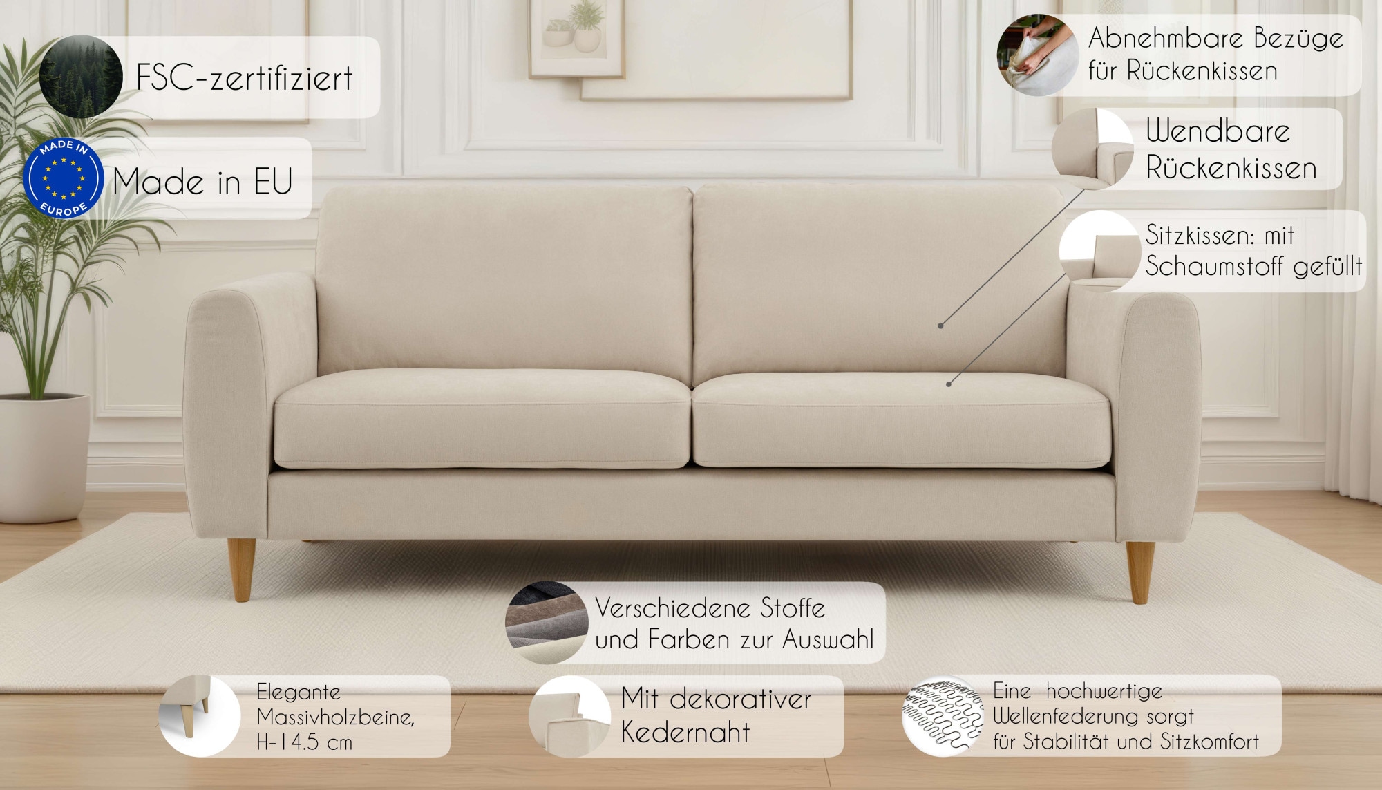 OTTO home 3-Sitzer »Finnian« 212 cm, Chenille, elegante Massivholzfüße
