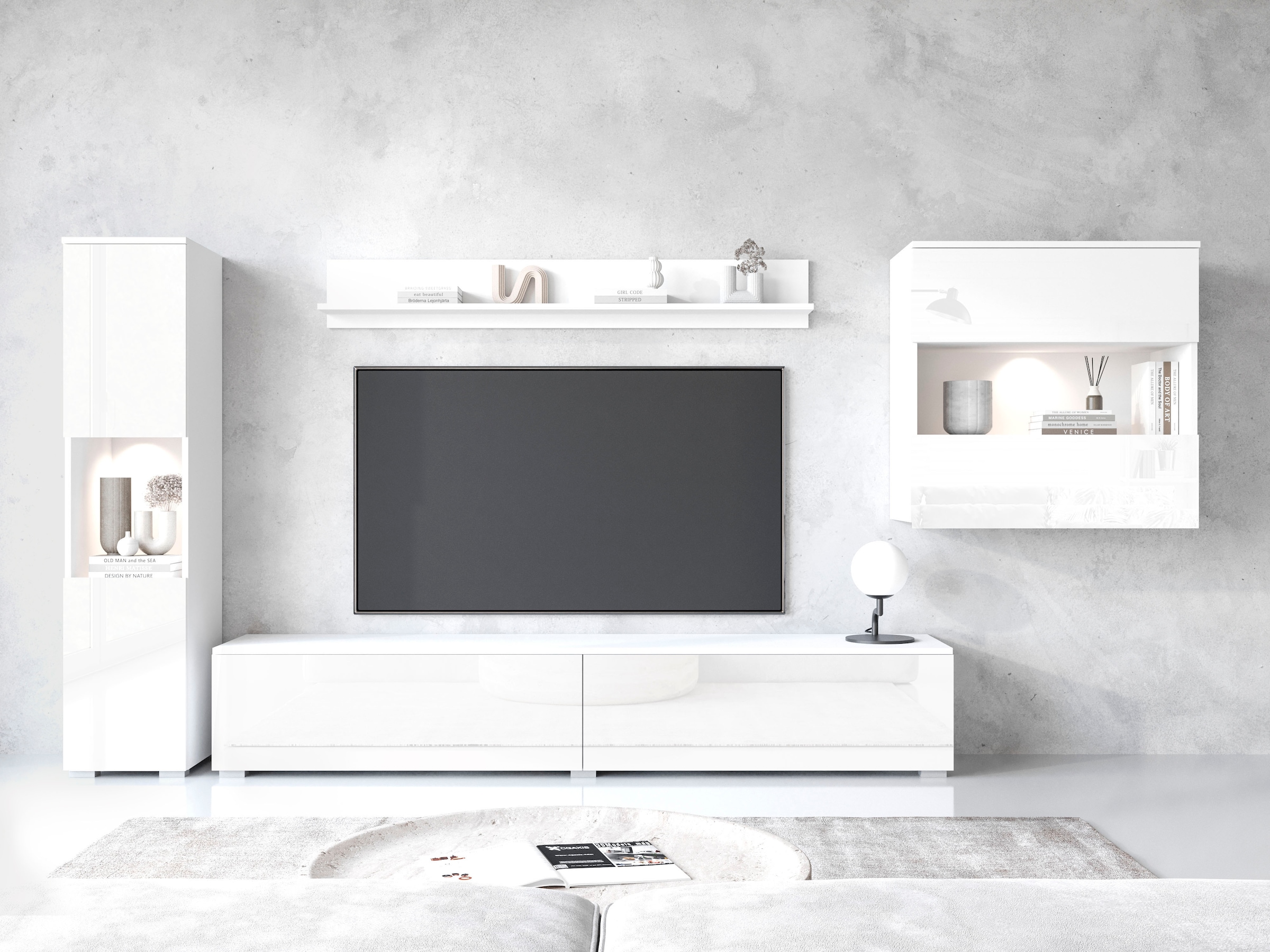 INOSIGN Wohnwand »PARIS, Vitrine Türanschlag links/rechts wechselbar«, (Komplett-Set, 4 St.), grifflose Design, stehend und hängend montierbar