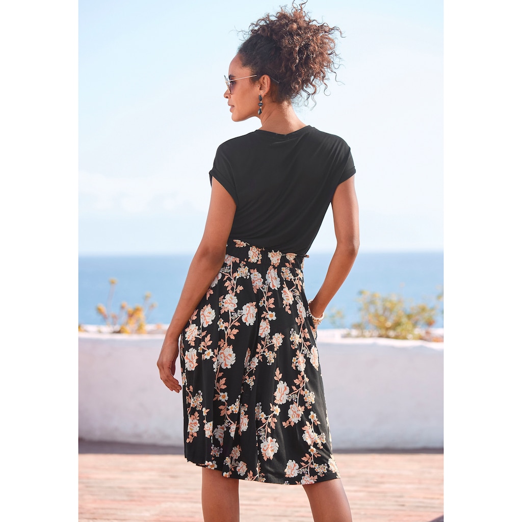 LASCANA Jerseykleid, mit Paperbag-Bund und bedrucktem Rock, kurzärmliges Sommerkleid