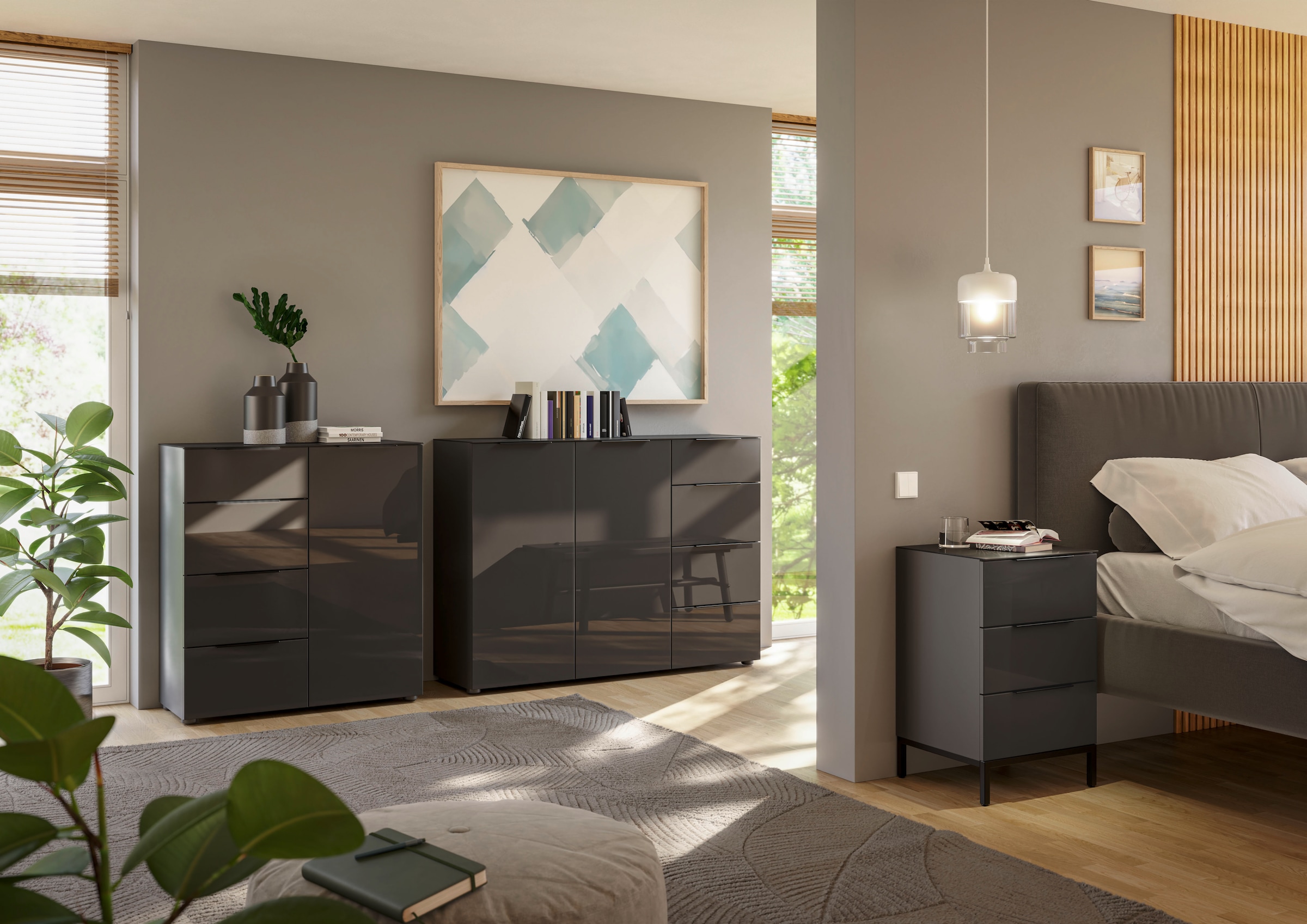 Manjana Möbel Nachtkommode »mit Chrom oder Schwarz matten Metallgriffen« mit Glasfronten, melaminbeschichtete Oberfläche, mit Vollauszug
