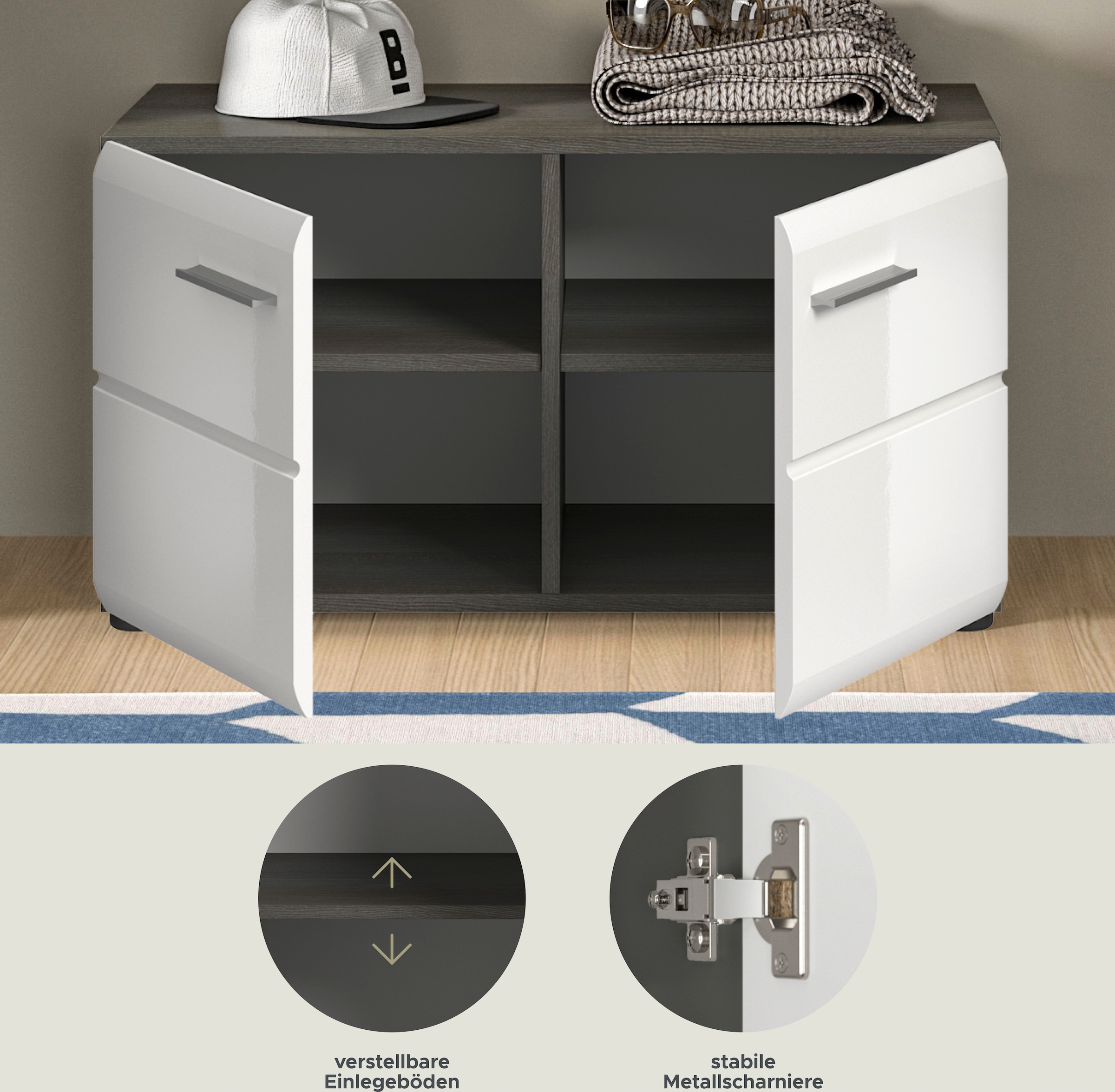 INOSIGN Sitzbank »Rumba, Breite 80cm, Hochglanz Front, 2 Türen, 2 Einlegeböden, 4 Fächer«, Schuhbank, Schuhschrank, Flurbank, Flurmöbel