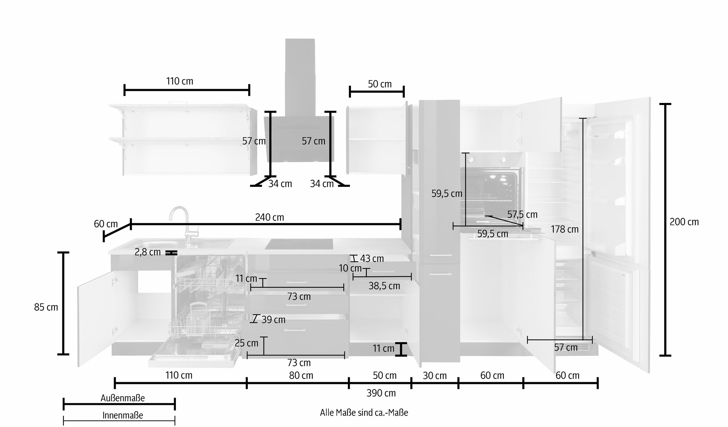 KOCHSTATION Küchenzeile »KS-Utah«, mit E-Geräten und großer Kühl- Gefrierkombination, Breite 390 cm