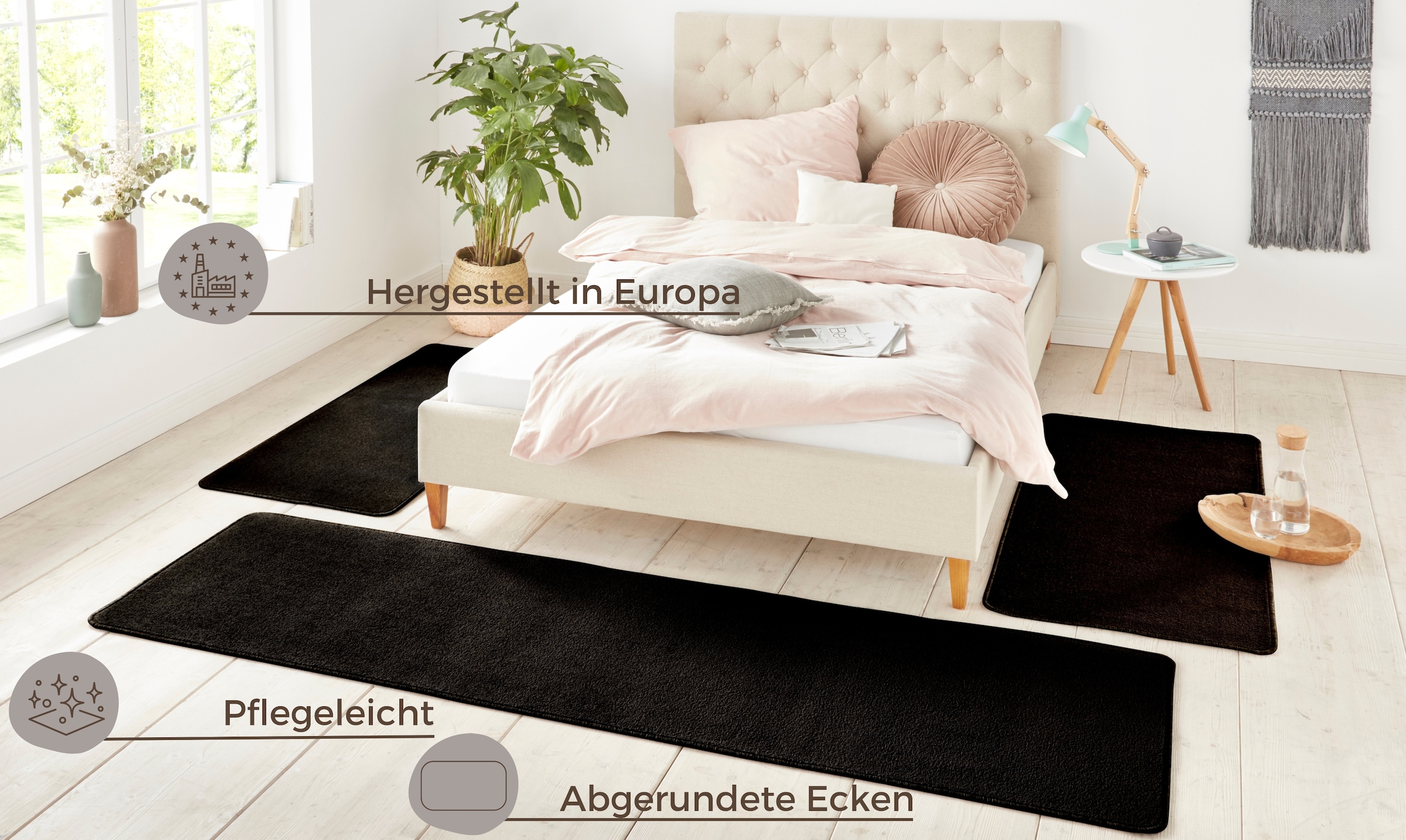 HANSE Home Bettumrandung »Shashi«, (3 tlg.), Kurzflor, Unifarben, Teppich, Bettläufer, Bettvorleger, Teppichläufer