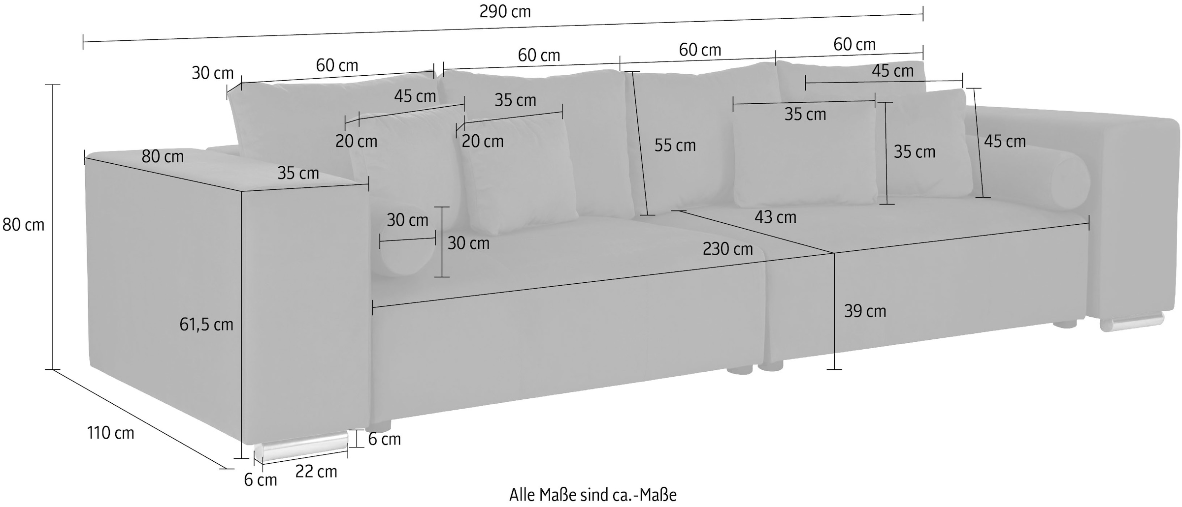 INOSIGN Big-Sofa »Aliya«, incl. Bettfunktion und Bettkasten, Breite 290 cm,incl. Zierkissen