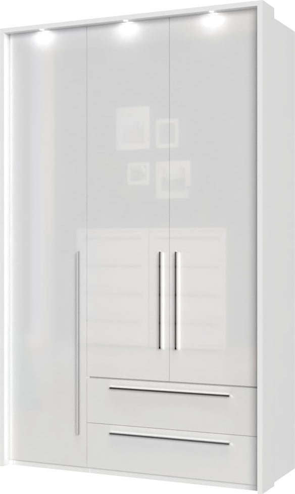 Places of Style Drehtürenschrank »Piano, inklusive Rahmen und Beleuchtung, soft-close-Funktion«, (viele Breiten zur Auswahl, 226cm hoch, mit jeweils 2 Schubladen), beige oder weiß, UV lackiert, Hochglanzfronten, FSC-zertifiziert