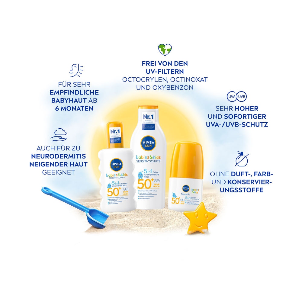 Nivea Sonnenschutzspray »Babies & Kids Sensitiv Schutz+Gratisgröße Lotion to go«, (Set)