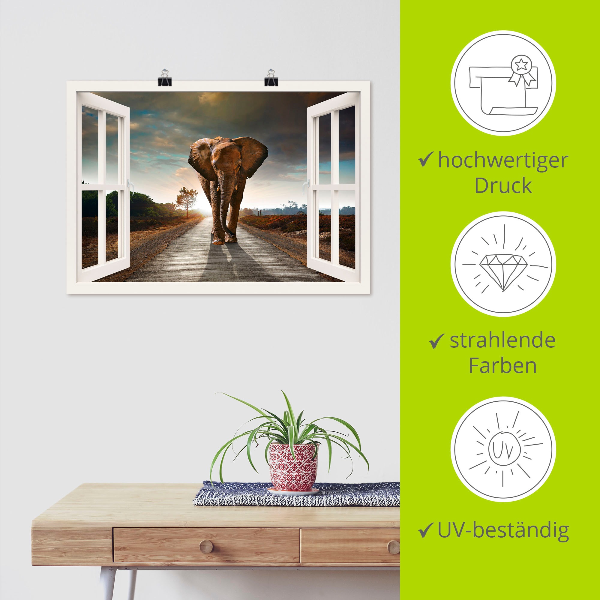 Artland Wandbild »Elefant auf Straße«, Fensterblick, (1 St.), als Leinwandbild, Poster in verschied. Größen