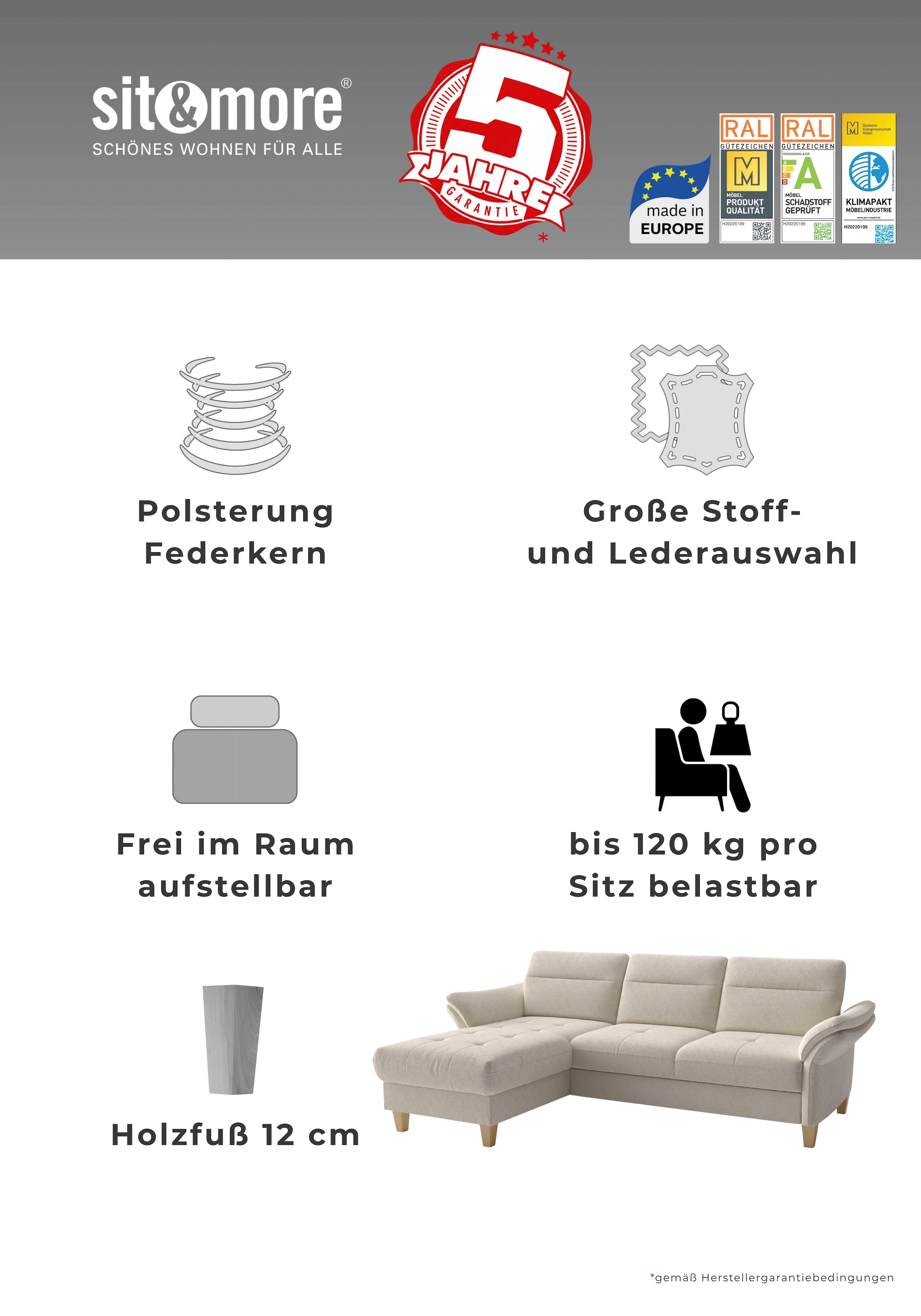 sit&more Ecksofa »Pamela L-Form, B: 230 cm, optional Schlaffunktion & Bettkasten« wahlweise mit Armteilverstellung, Sofa mit Federkern, Sitzhöhe: 48 cm