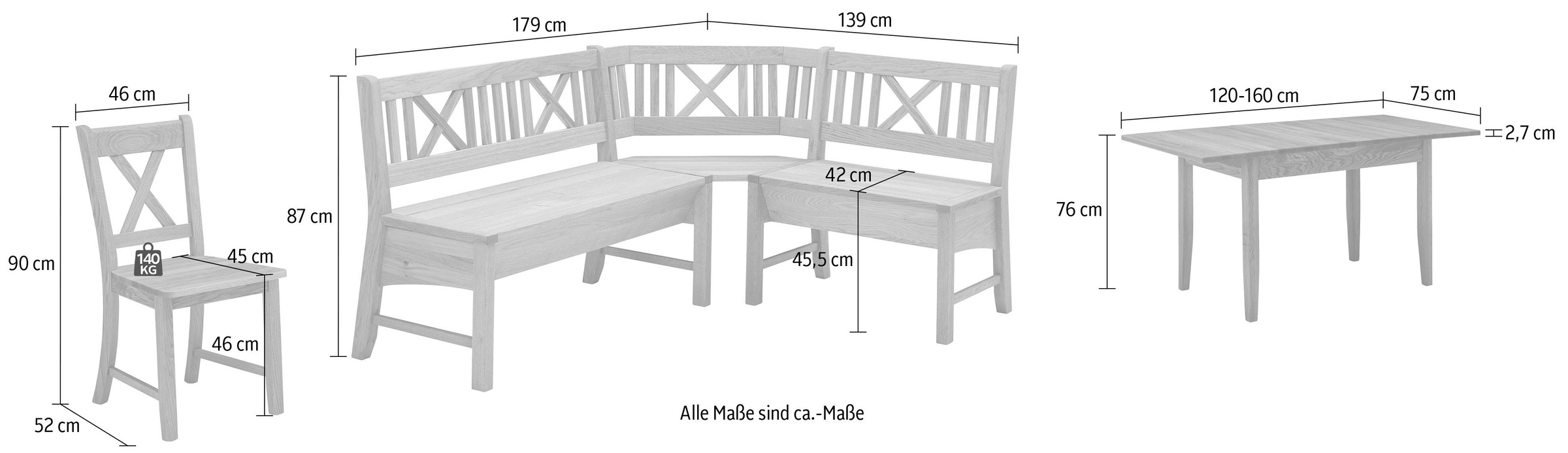 massivline&more Eckbankgruppe »Königsee«, (Set, 4 tlg.), Eckbank ist umstellbar, Eckbank mit Truhe, mit Auszug 120 (160) cm