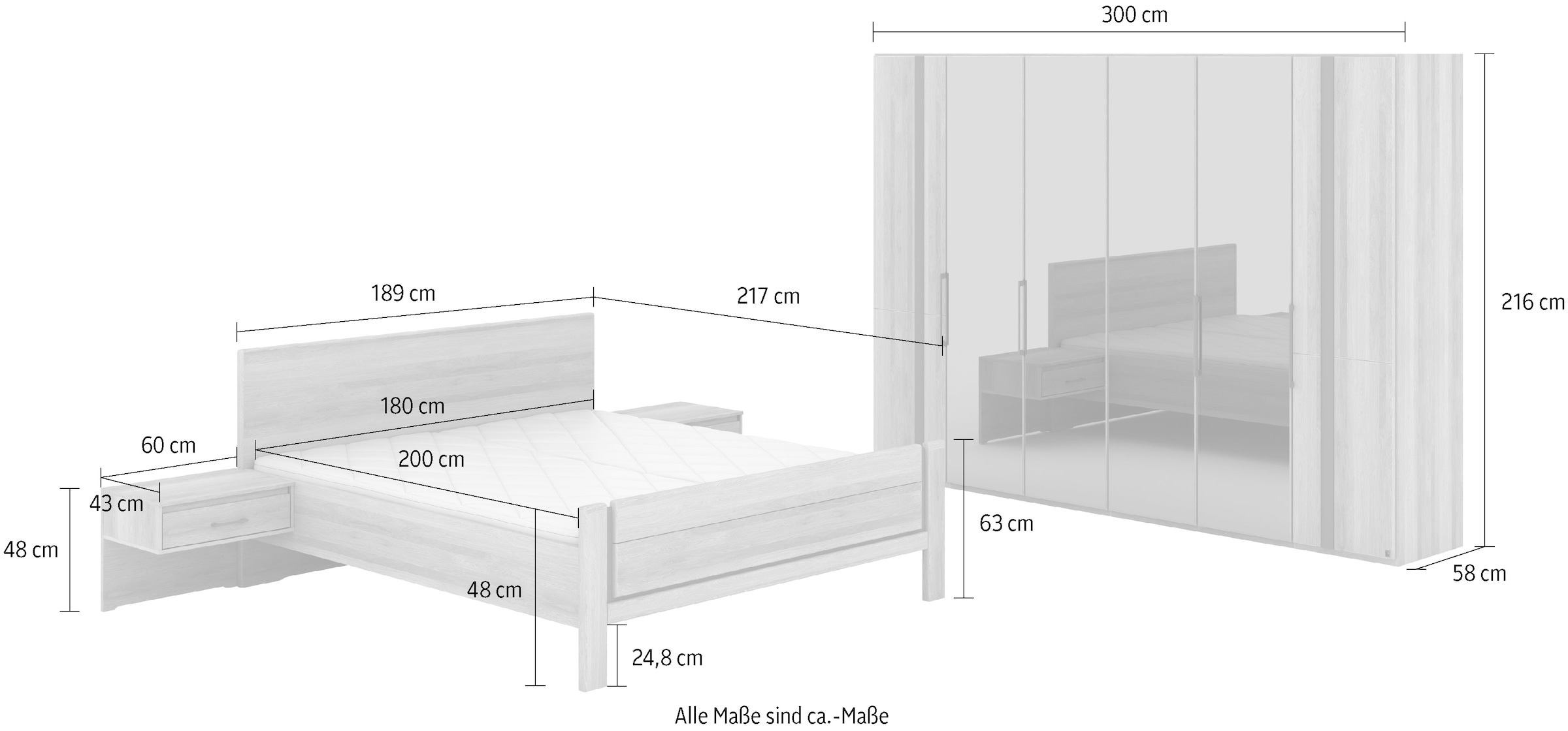 Musterring Schlafzimmer-Set »Sorrent, Kleiderschrank, Bett & Nachtkommoden, teilmassiv Eiche« 2er-Set Nachtschränke, Drehtürenschrank 300 cm, Bett 180x200 cm,  Bett mit Stollenfuß, Eiche teilmassiv, Spiegeltüren in Parsol-Bronze