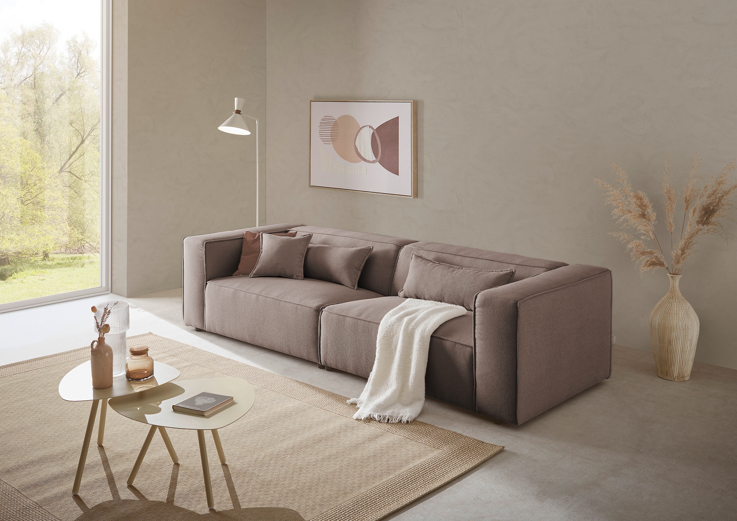 LeGer Home by Lena Gercke 3-Sitzer »PIARA, Couch mit Kedernaht, Sofa in Cord, Leinenoptik o. Strukturstoff«, schwarze Füße, bequemer Sitzkomfort