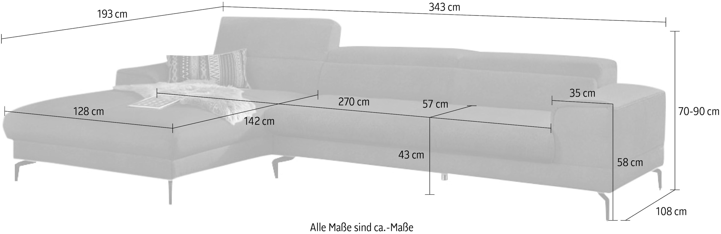 W.SCHILLIG Ecksofa »piedroo, Designsofa mit tollem Sitzkomfort, bequem, L-Form« Kopfteilverstellung, wahlweise mit Sitztiefenverstellung, Breite 343cm