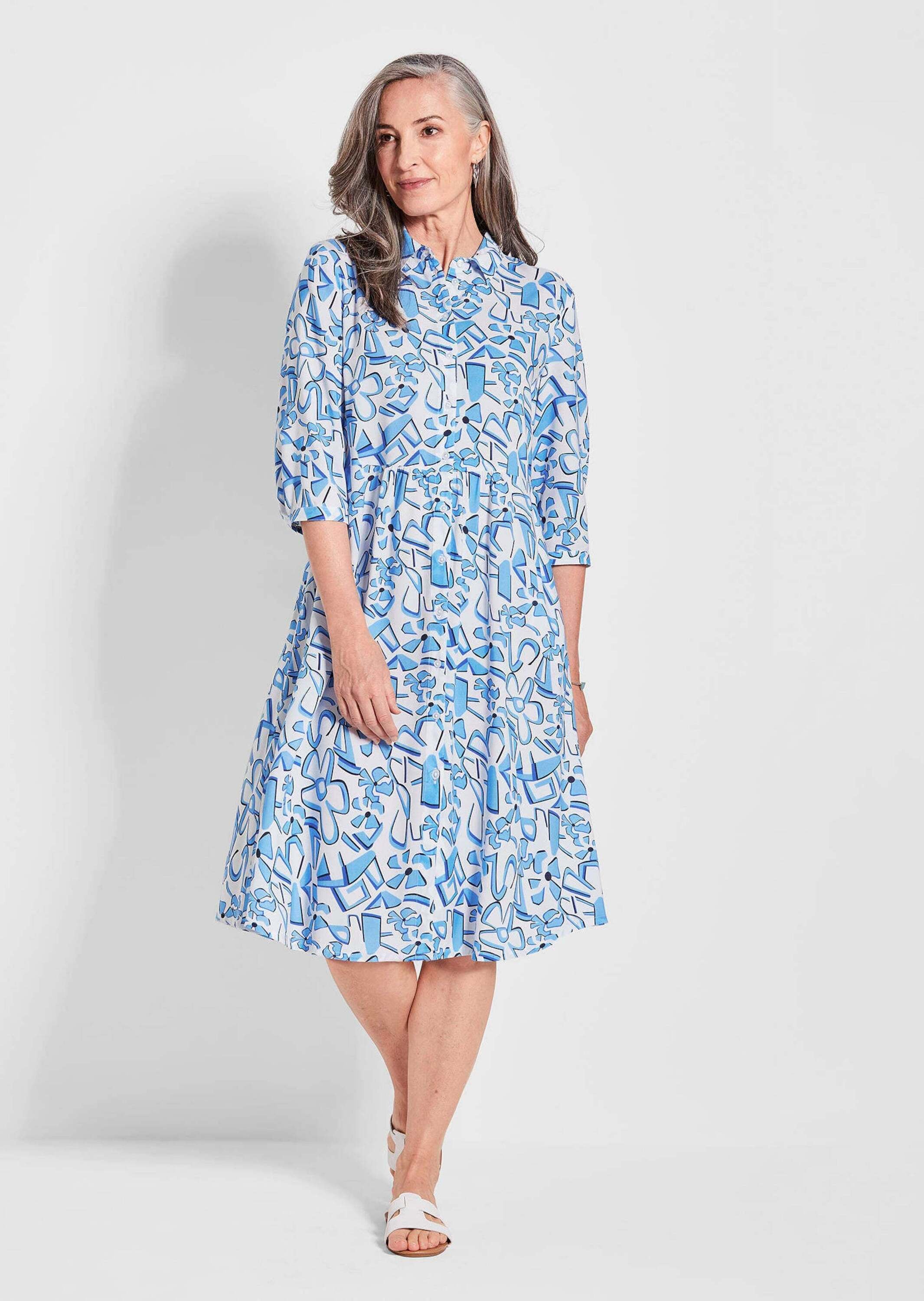 GOLDNER Sommerkleid »Kurzgröße Grafisches Hemdblusenkleid mit Taschen« Taschen in der Seitennaht