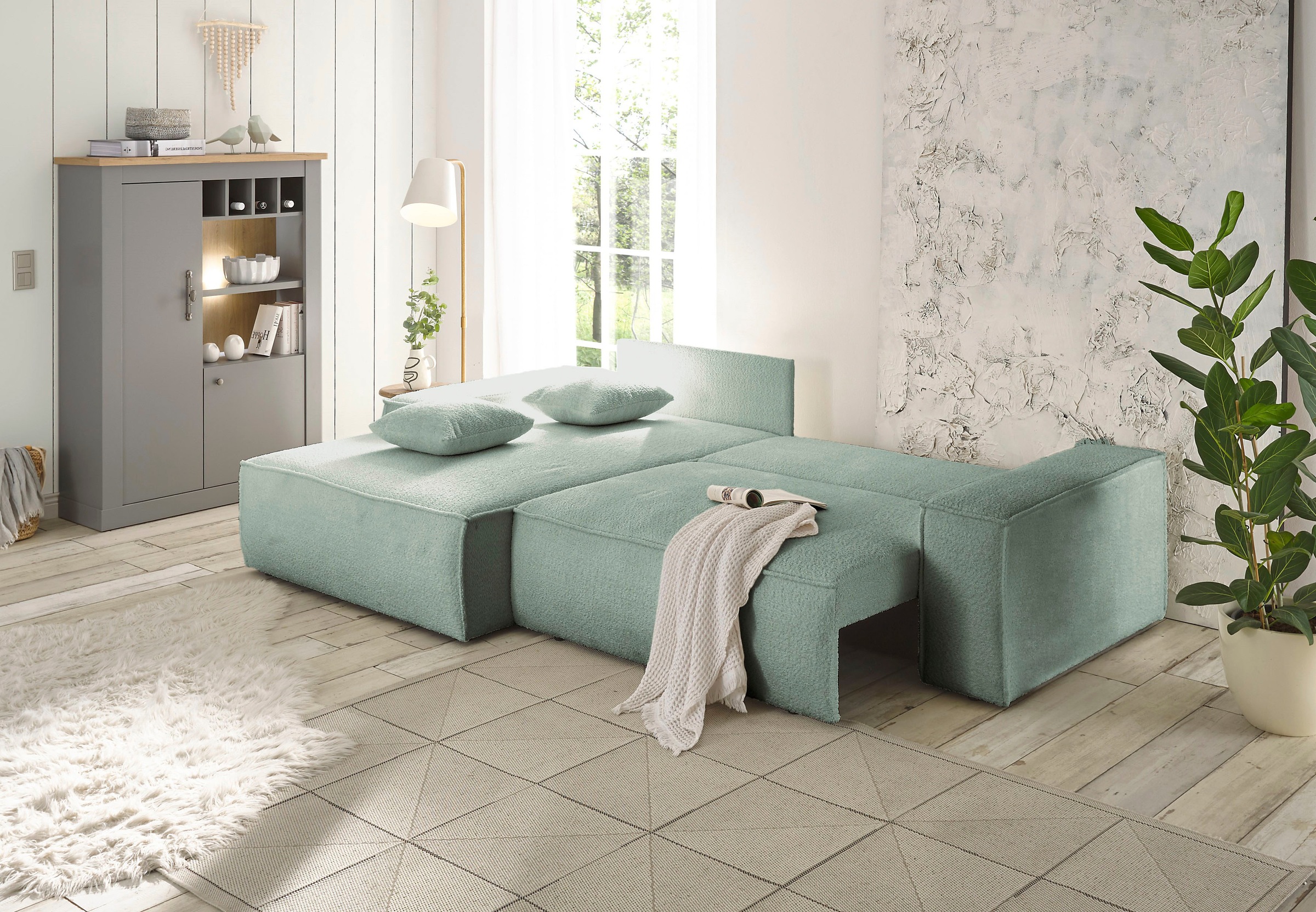 andas Ecksofa »Finnley Schlafsofa 267 cm in Bouclé, Struktur fein u. Cord, L-Form,«, Schlaffunktion m. Bettkasten (136/210 cm), Bouclé, Struktur und Cord