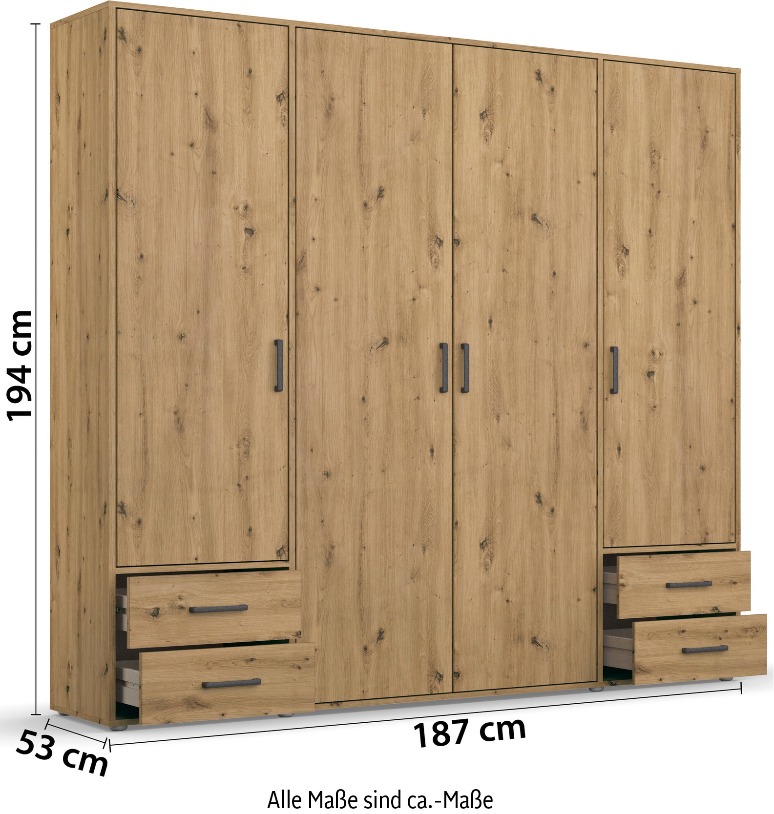 rauch Drehtürenschrank »Kleiderschrank Schrank Garderobe Wäscheschrank VOYAGER«, (in 3 verschiedenen Ausstattungen BASIC/CLASSIC/PREMIUM), moderne Griffe in Graumetallic mit Außenschubkästen MADE IN GERMANY