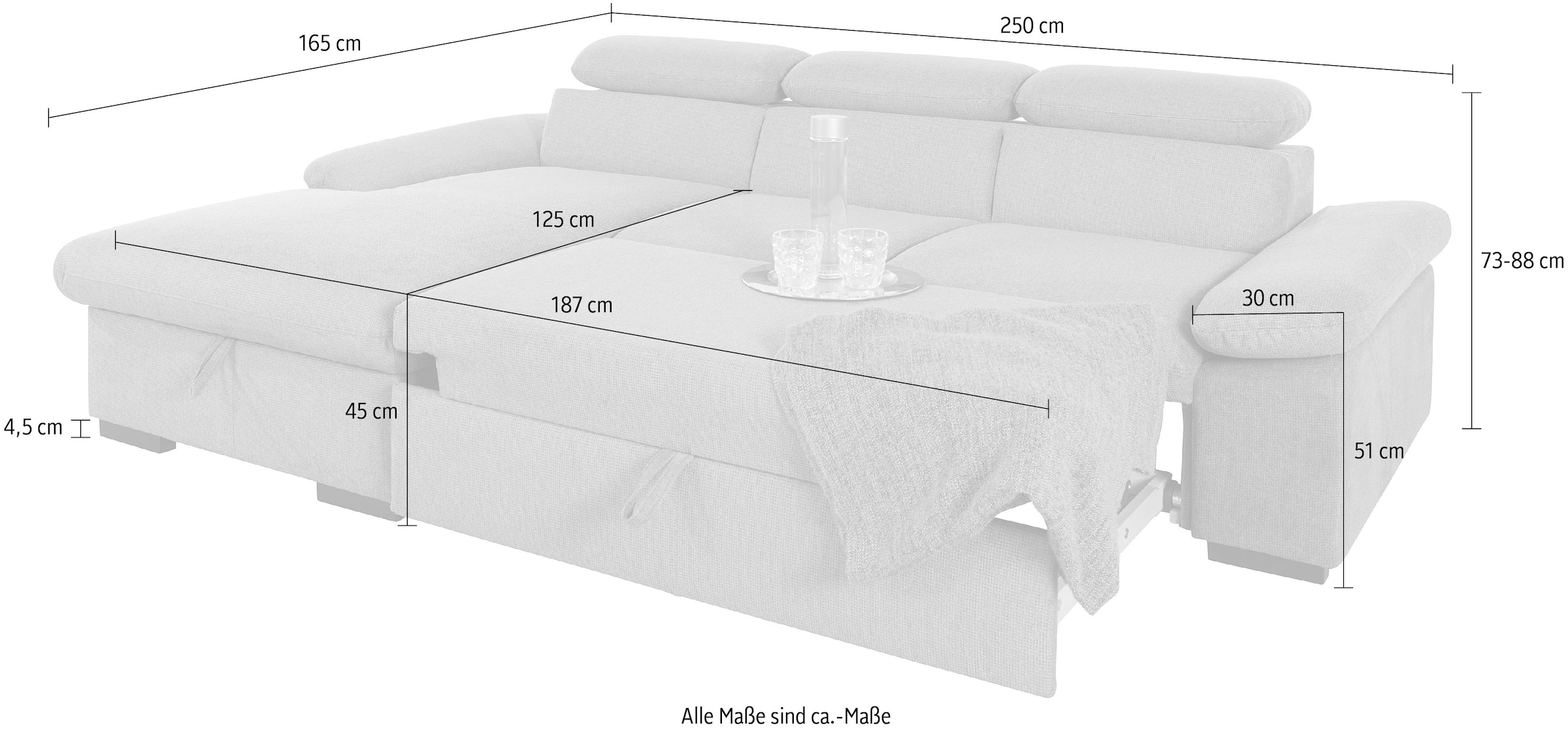 COTTA Ecksofa »Lola L-Form mit Kopfteilfunktion & Hocker«, (Set, mit Hocker), wahlweise mit Bettfunktion, Bettkasten & Armteilverstellung
