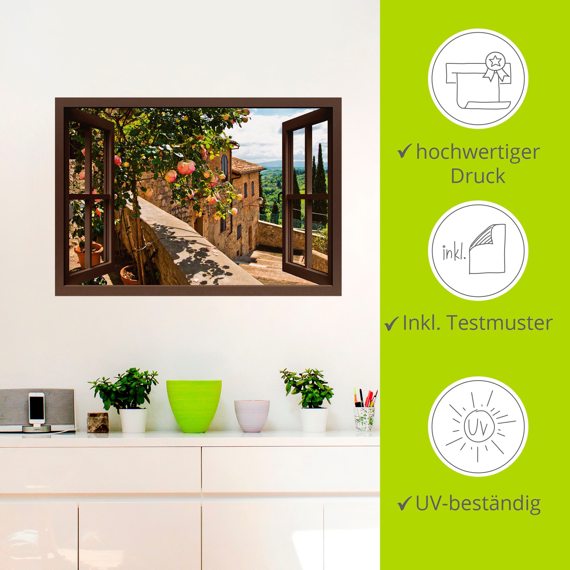 Artland Wandbild »Fensterblick Rosen auf Balkon Toskana«, Garten, (1 St.), als Alubild, Outdoorbild, Leinwandbild, Poster, Wandaufkleber