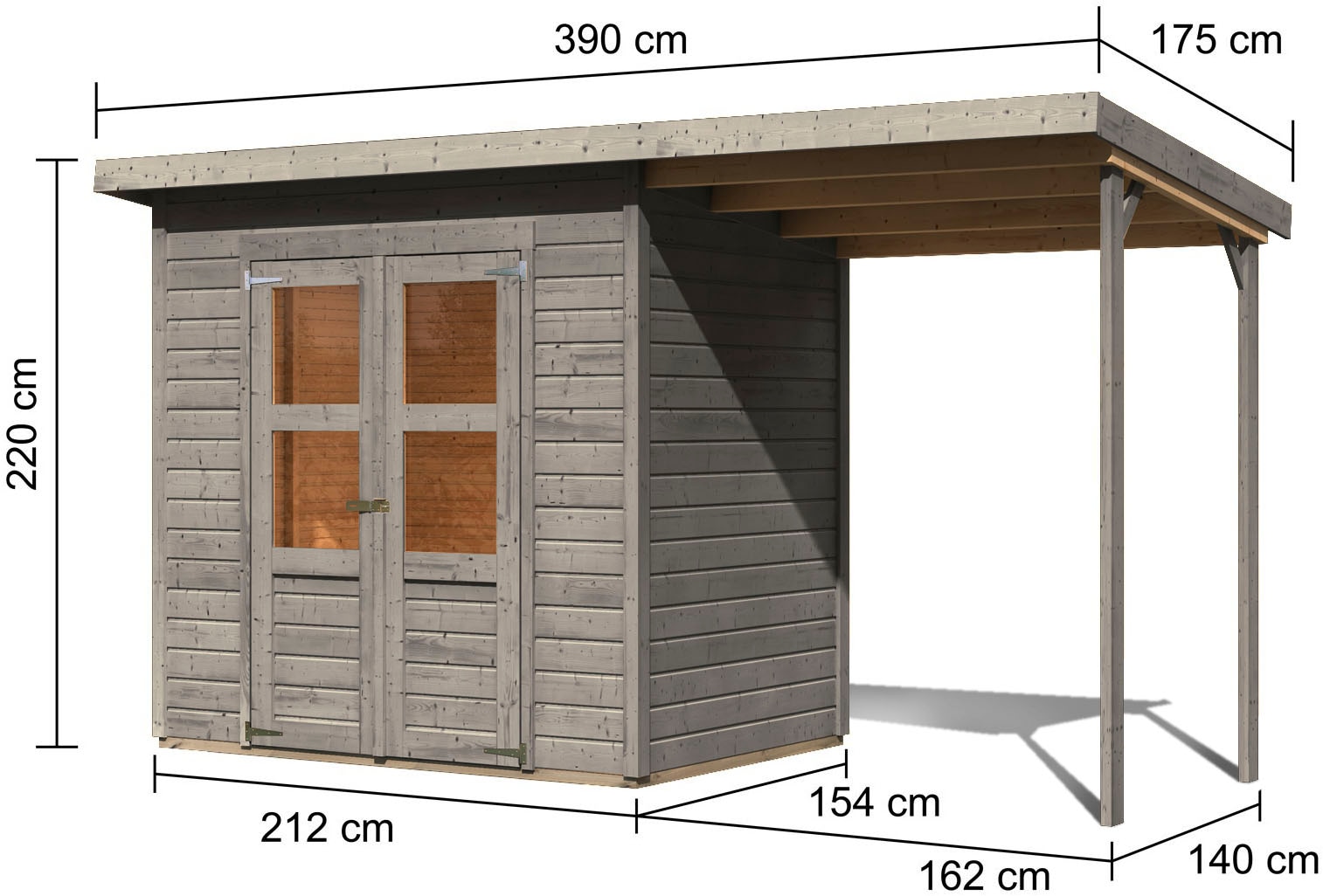 Karibu Gartenhaus »»Merseburg 3« vorvergraut mit Anbaudach« aus Fichtenholz, farbig lasiert