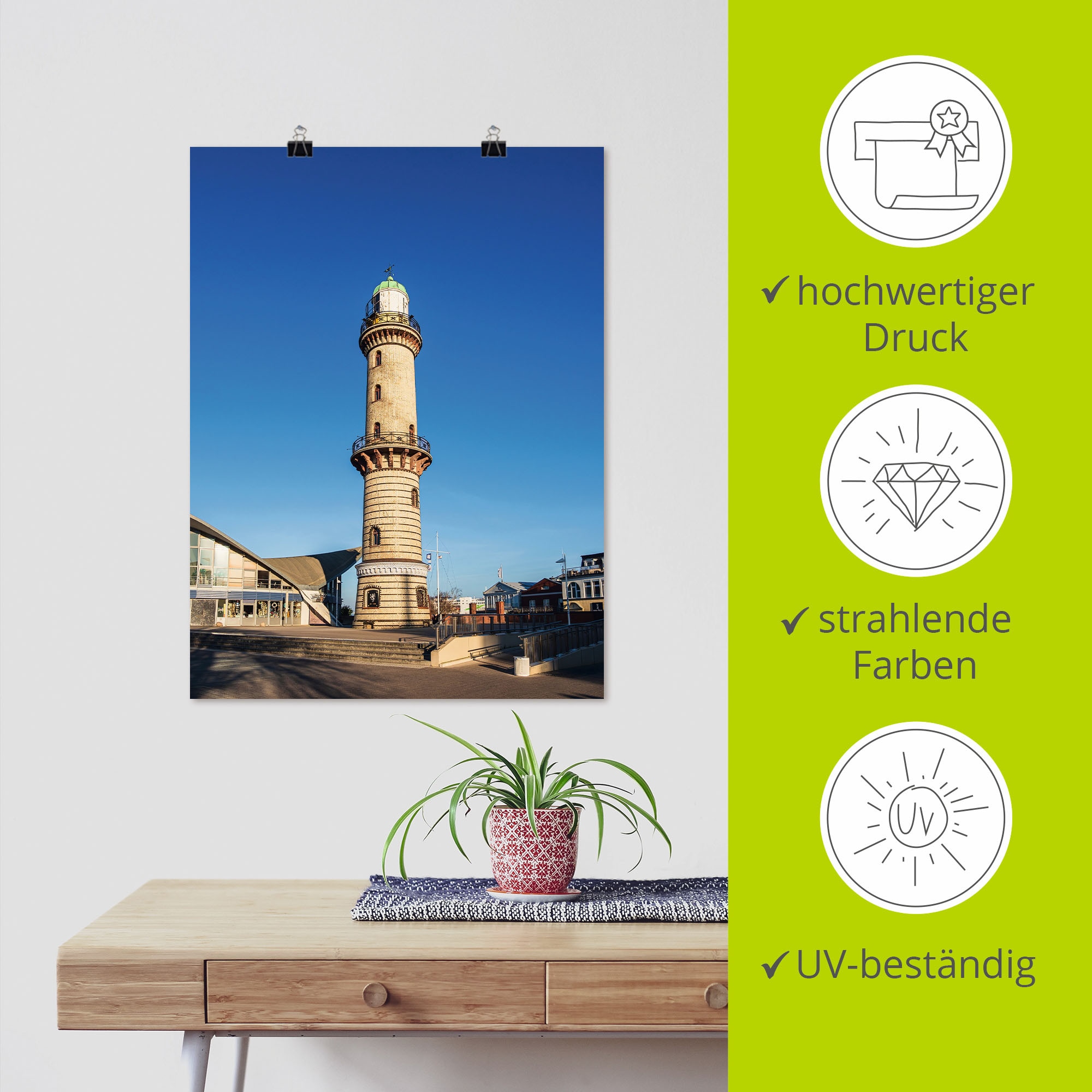 Artland Wandbild »Leuchtturm (1 Alubild, bestellen Wandaufkleber Leinwandbild, in oder mit Gebäude, bequem Warnemünde«, Größen St.), als versch. Poster Teepott in