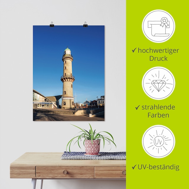Artland Wandbild »Leuchtturm mit Teepott in Warnemünde«, Gebäude, (1 St.),  als Alubild, Leinwandbild, Wandaufkleber oder Poster in versch. Größen  bequem bestellen